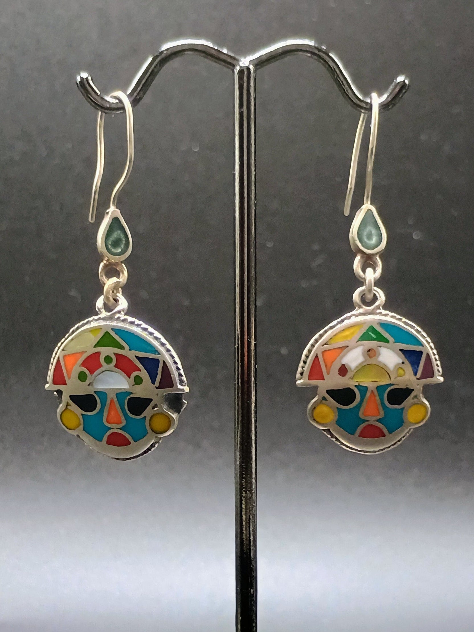 Women's Earrings in 950 Sterling Silver, Inca Tumi Design with Inlaid Stone