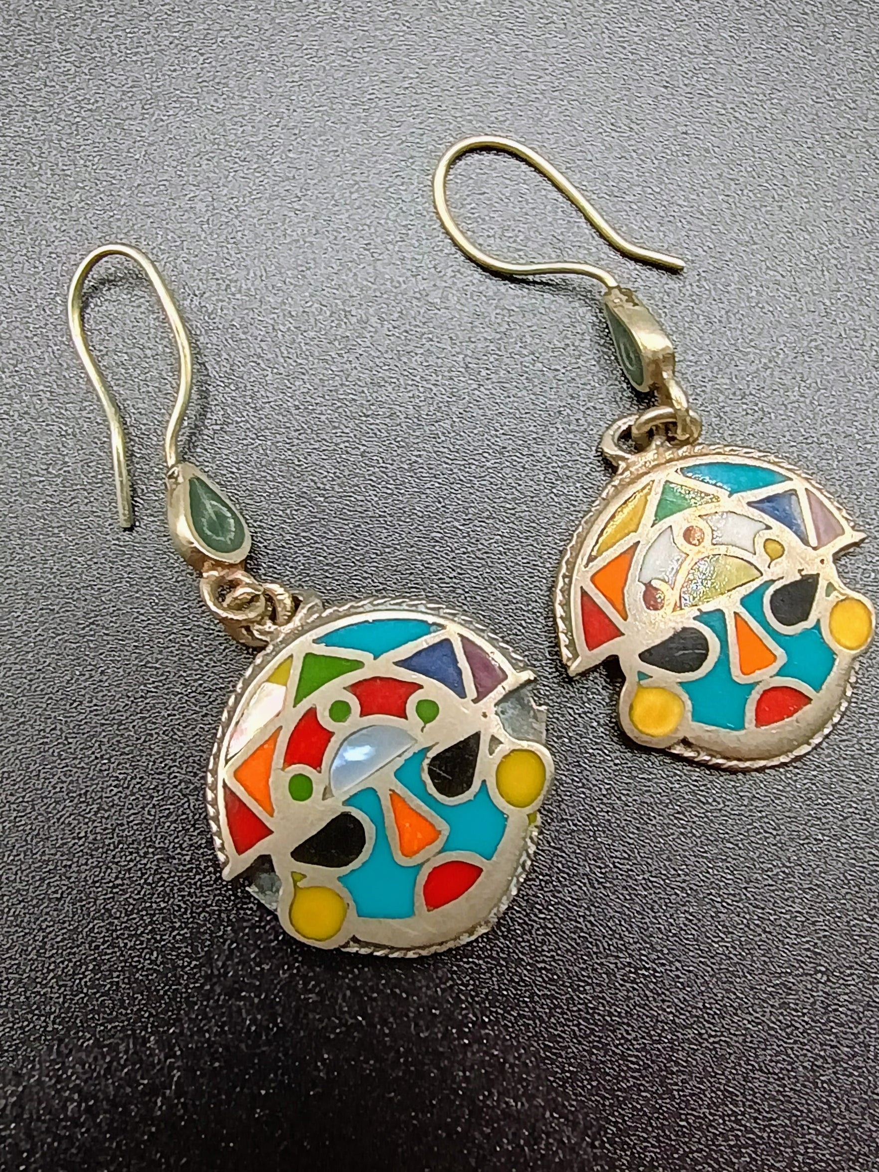 Women's Earrings in 950 Sterling Silver, Inca Tumi Design with Inlaid Stone