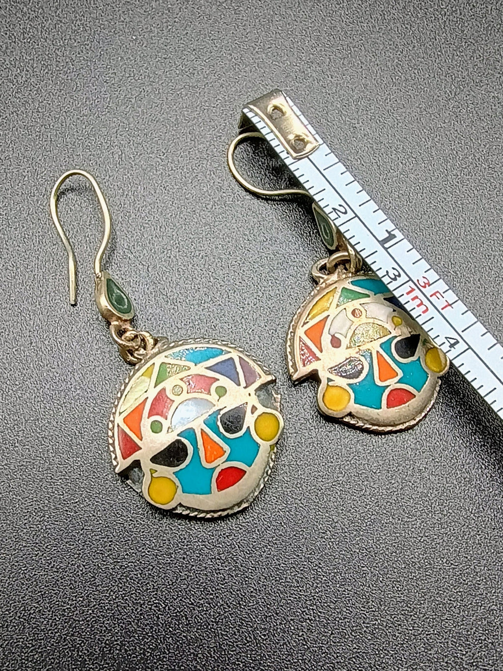 Women's Earrings in 950 Sterling Silver, Inca Tumi Design with Inlaid Stone
