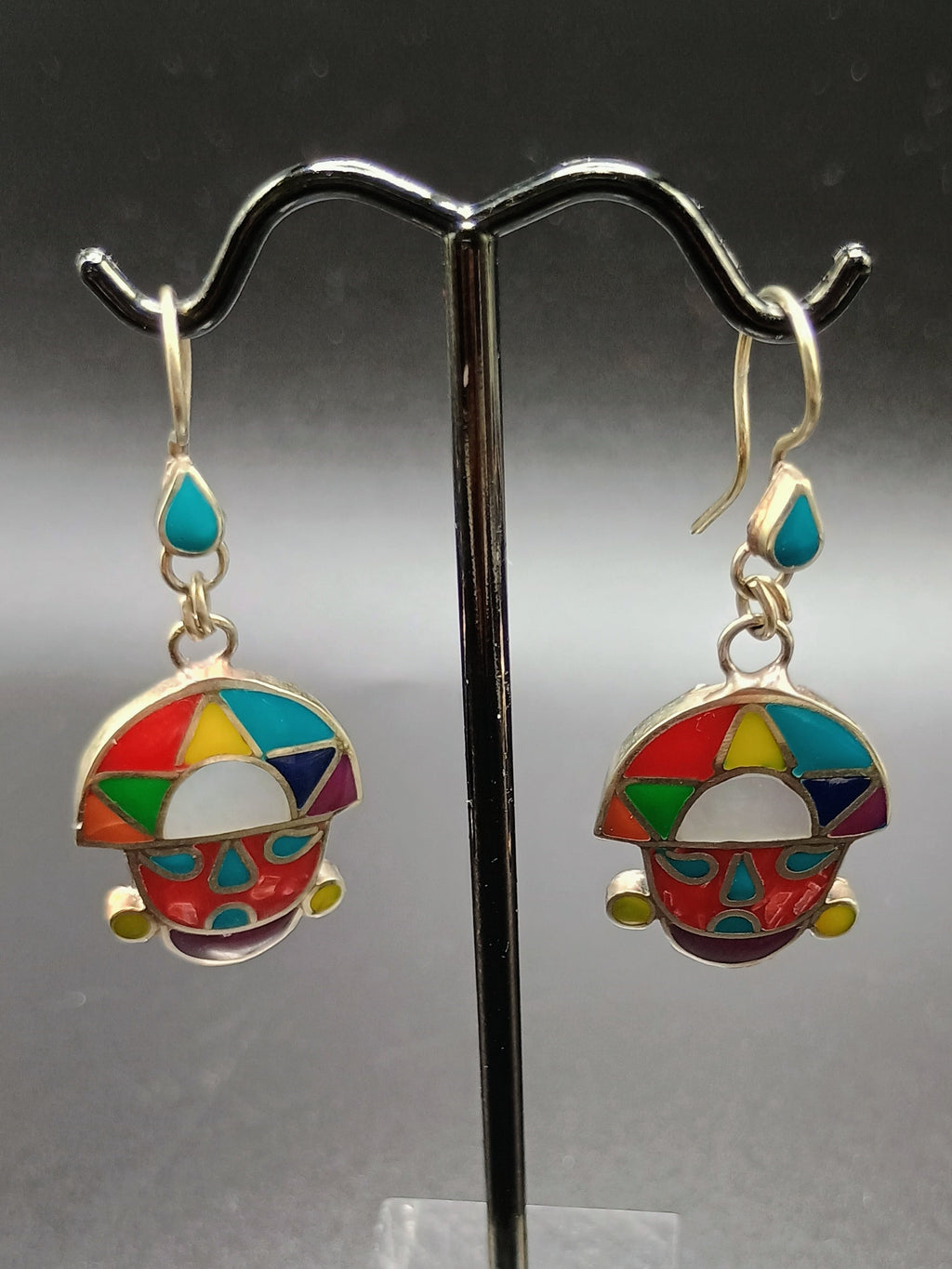 Women's Earrings, 950 Sterling Silver, Tumi Stone Inlaid, Peruvian Handicraft, Cusco