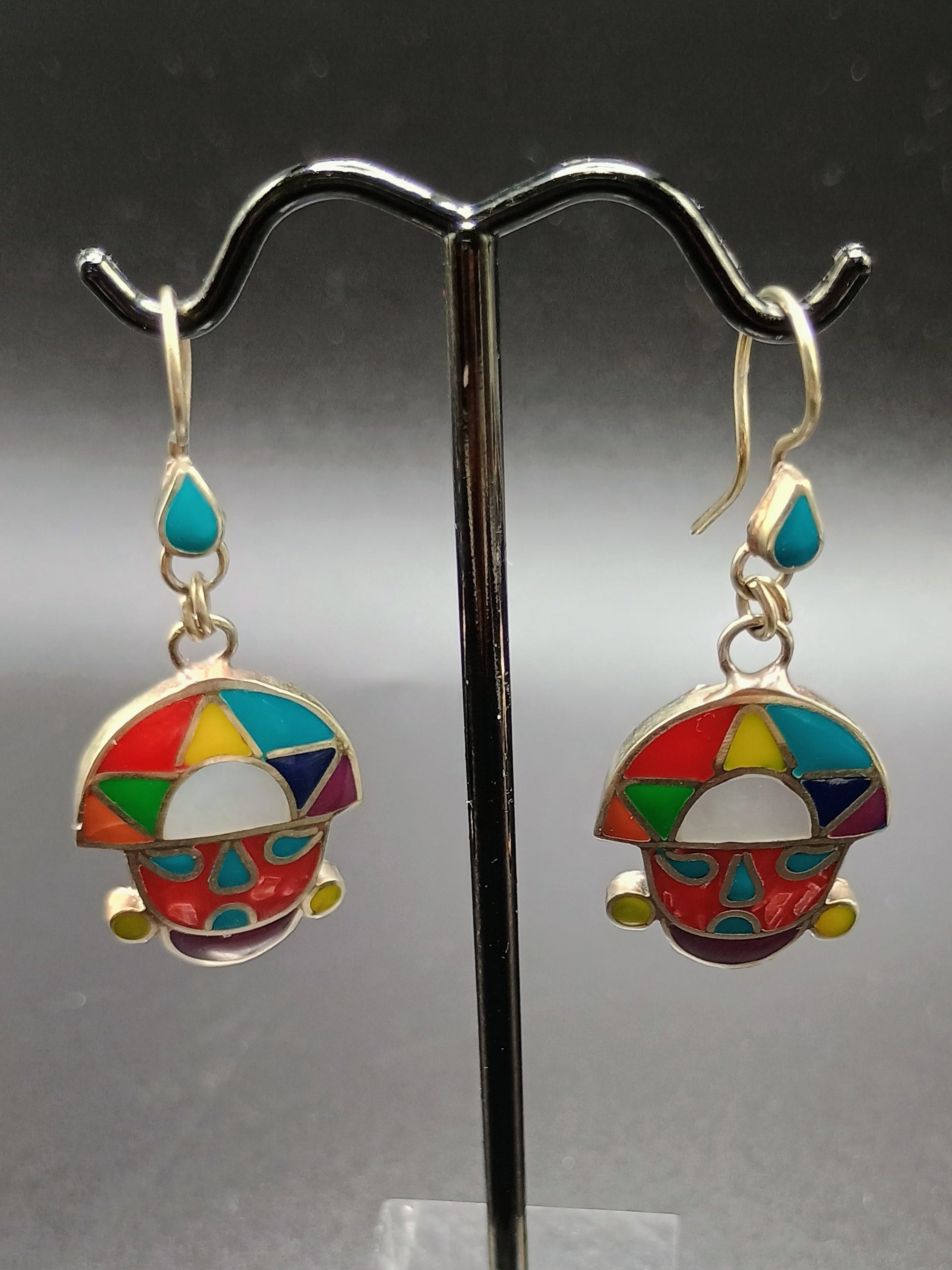 Women's Earrings, 950 Sterling Silver, Tumi Stone Inlaid, Peruvian Handicraft, Cusco