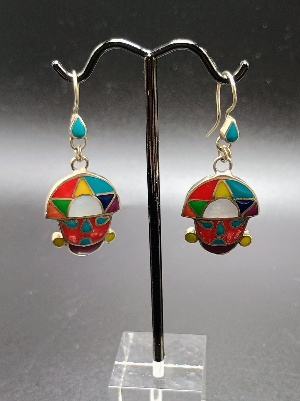 Women's Earrings, 950 Sterling Silver, Tumi Stone Inlaid, Peruvian Handicraft, Cusco