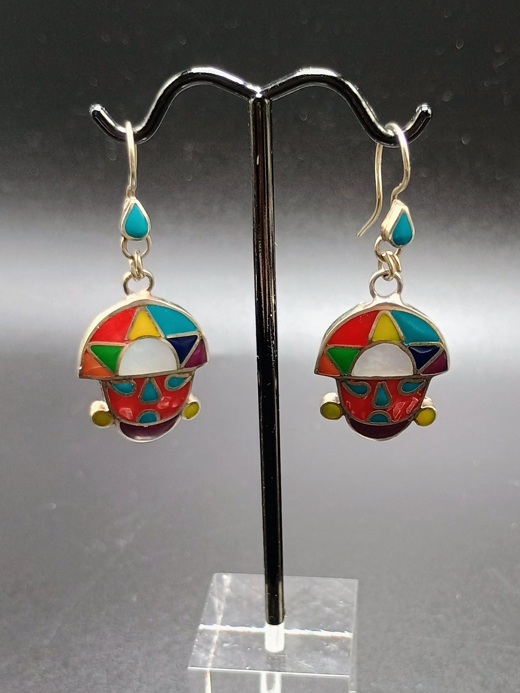 Women's Earrings, 950 Sterling Silver, Tumi Stone Inlaid, Peruvian Handicraft, Cusco