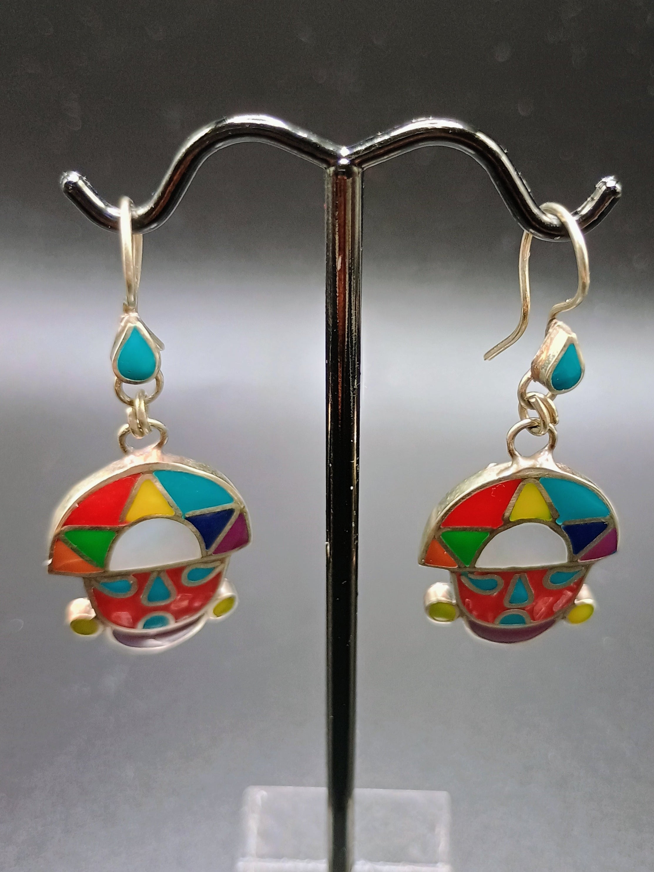 Women's Earrings, 950 Sterling Silver, Tumi Stone Inlaid, Peruvian Handicraft, Cusco