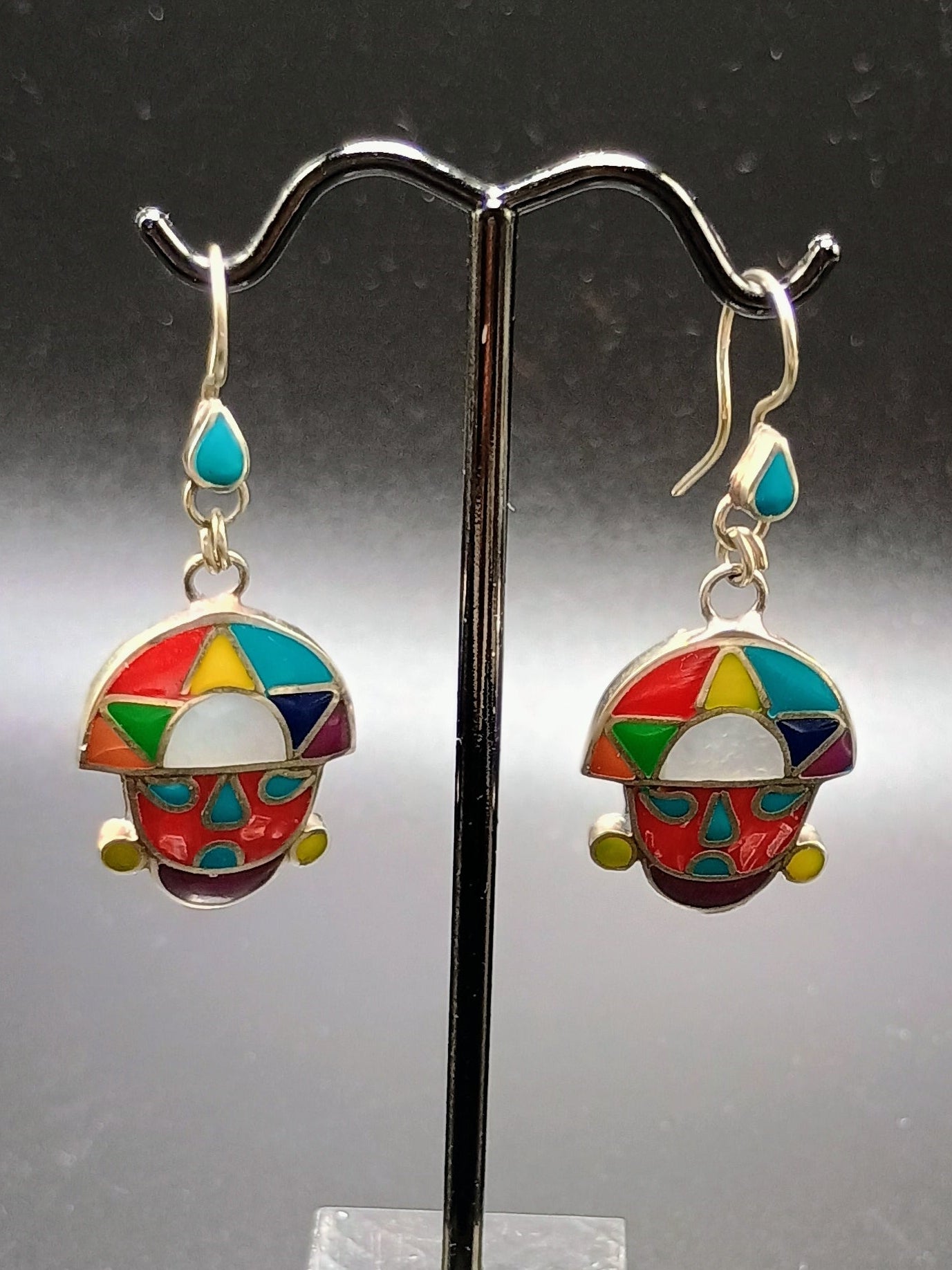 Women's Earrings, 950 Sterling Silver, Tumi Stone Inlaid, Peruvian Handicraft, Cusco