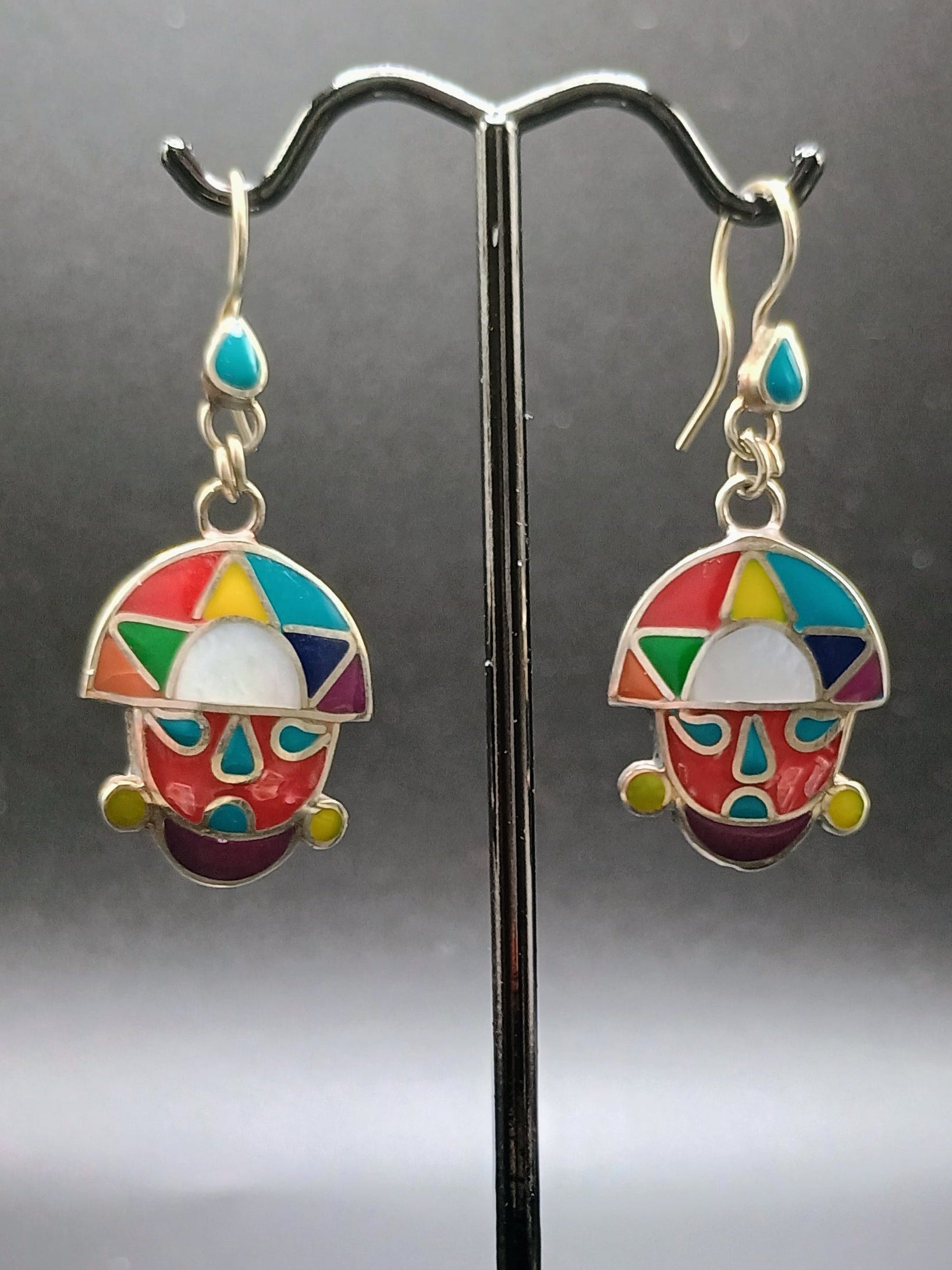 Women's Earrings, 950 Sterling Silver, Tumi Stone Inlaid, Peruvian Handicraft, Cusco