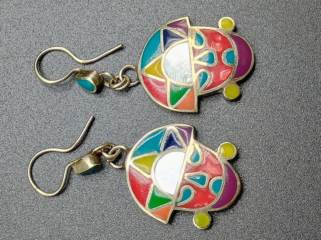 Women's Earrings, 950 Sterling Silver, Tumi Stone Inlaid, Peruvian Handicraft, Cusco