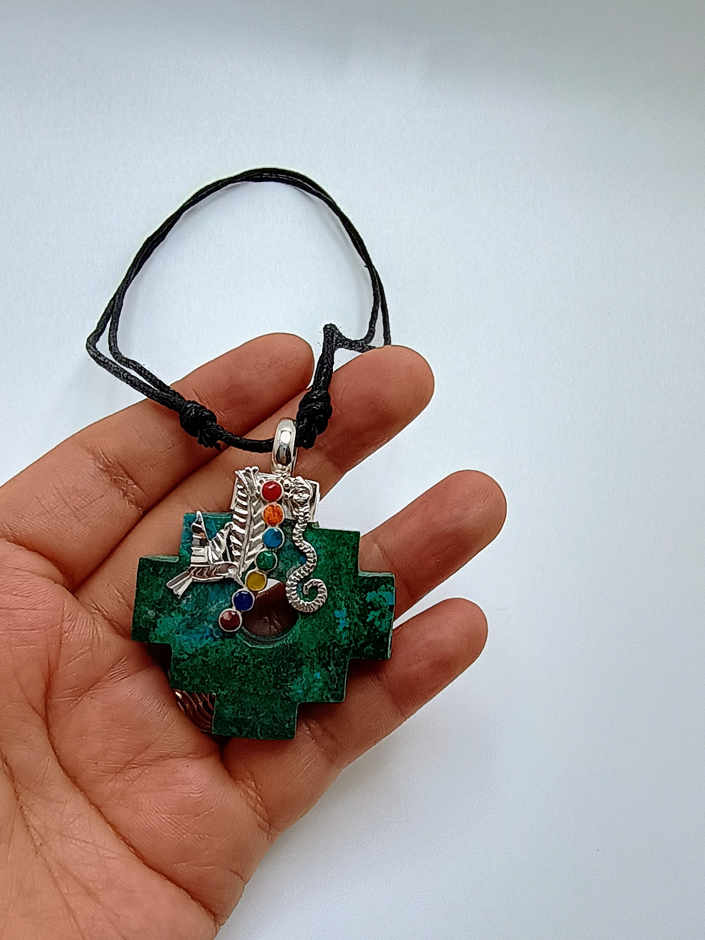 Adjustable Inca Chakana Necklace with Natural Stone and 950 Sterling Silver