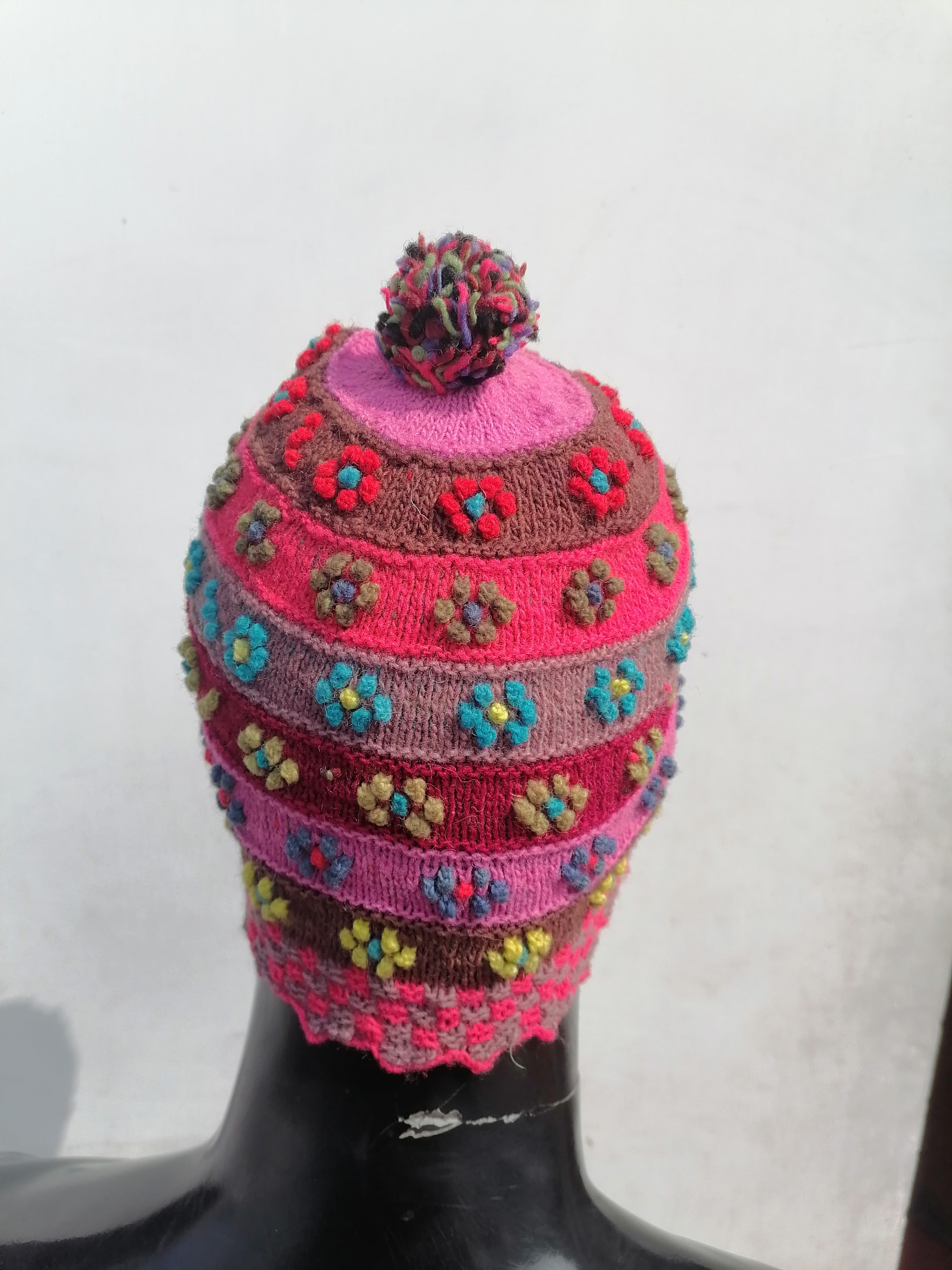 Unisex Multicolor Hand-Knitted Sheep's Wool Hat with Natural Dyes