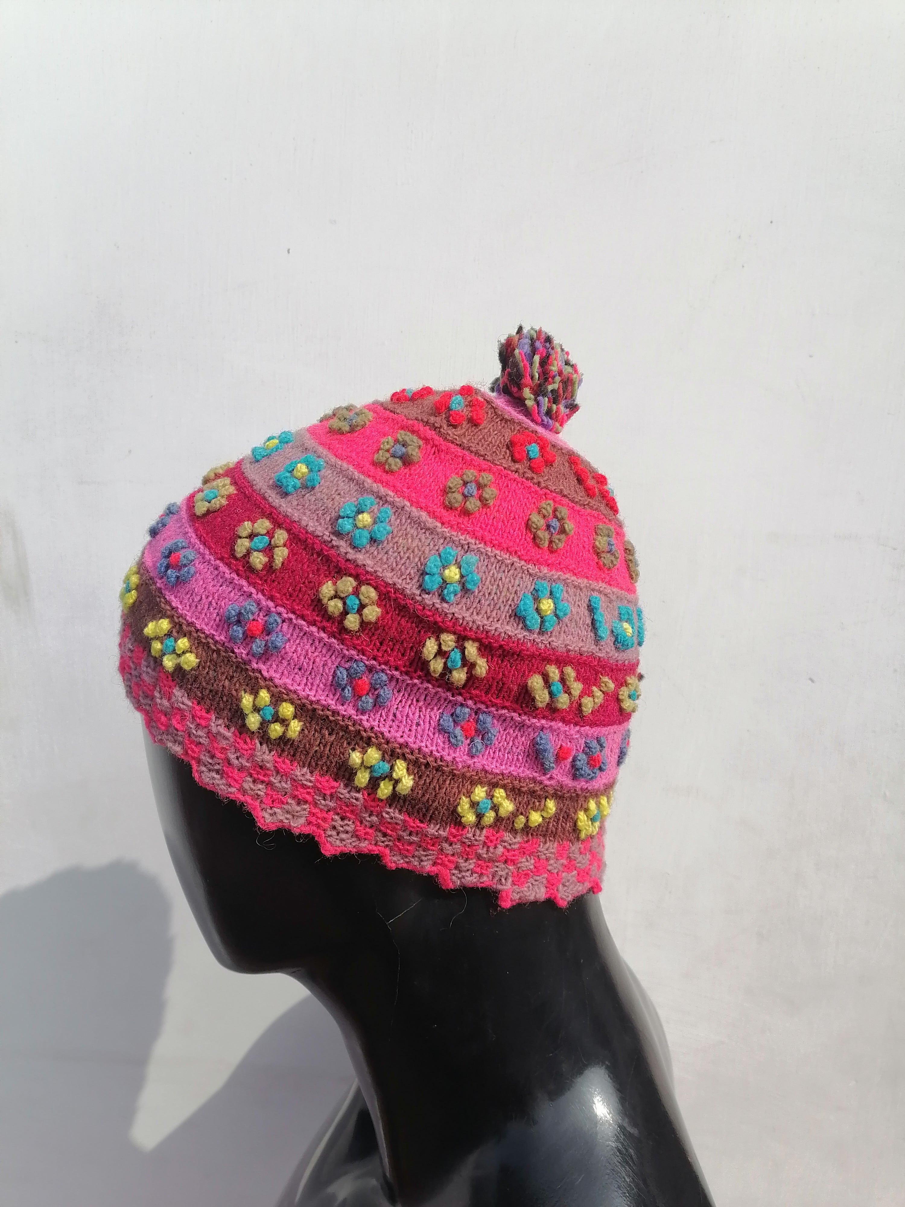 Unisex Multicolor Hand-Knitted Sheep's Wool Hat with Natural Dyes