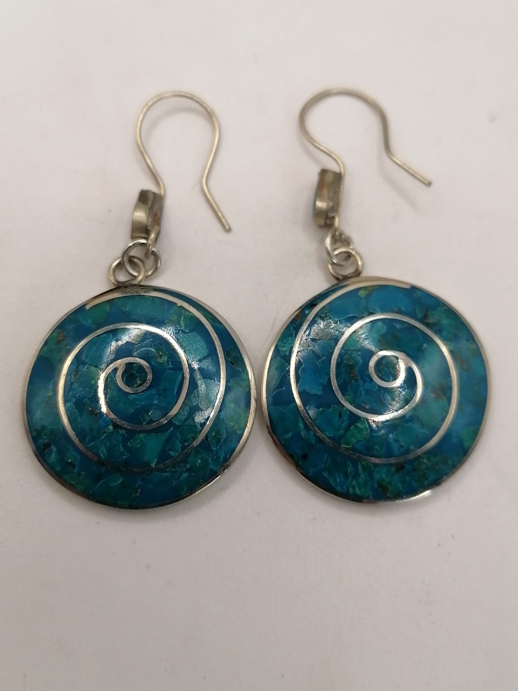 Handmade Alpaca Earrings with Natural Turquoise Stone and Pachamama Flower Design (Inca)