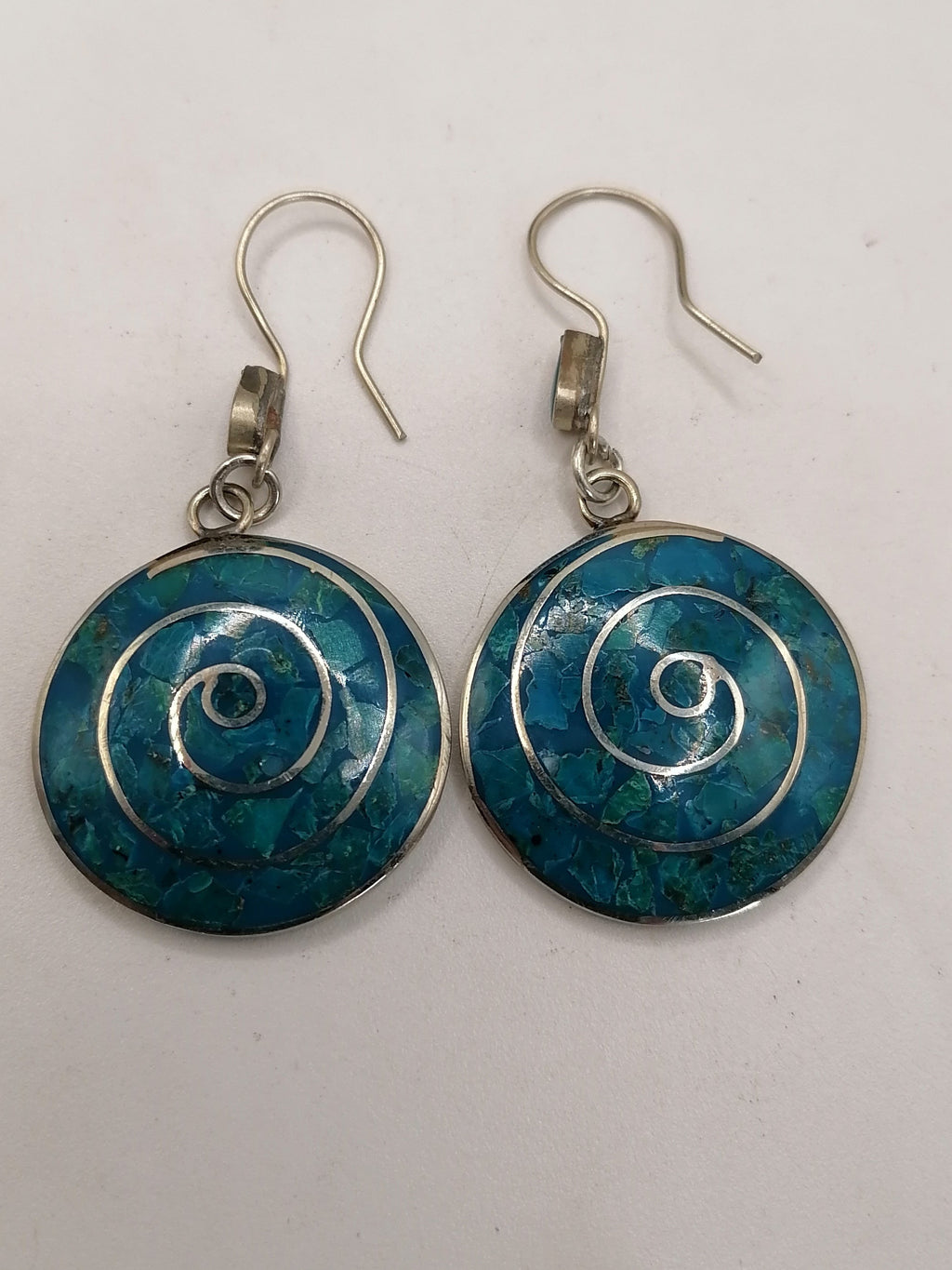Handmade Alpaca Earrings with Natural Turquoise Stone and Pachamama Flower Design (Inca)