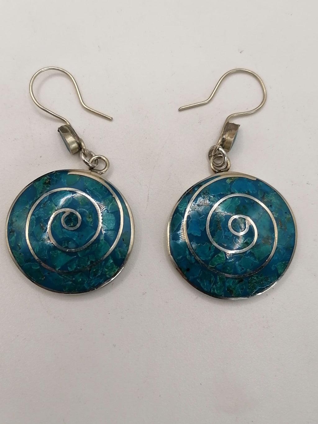 Handmade Alpaca Earrings with Natural Turquoise Stone and Pachamama Flower Design (Inca)