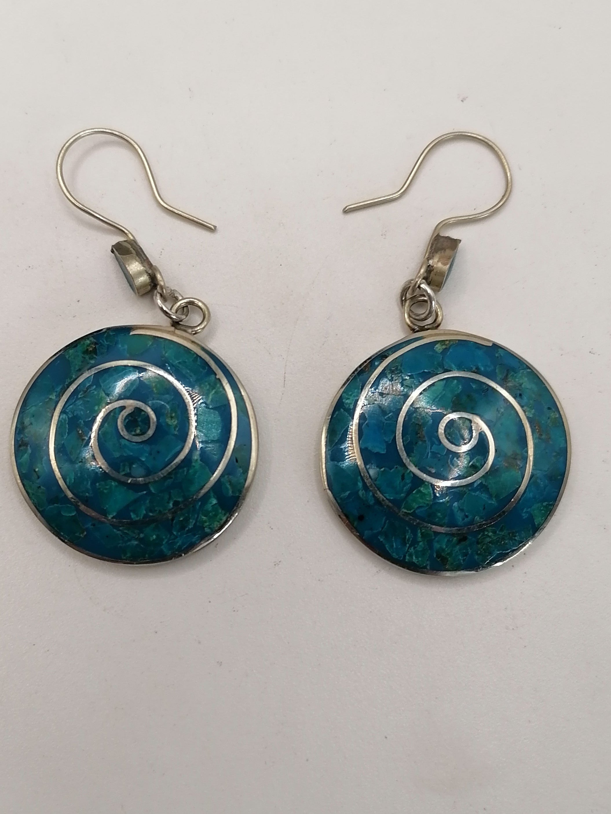 Handmade Alpaca Earrings with Natural Turquoise Stone and Pachamama Flower Design (Inca)