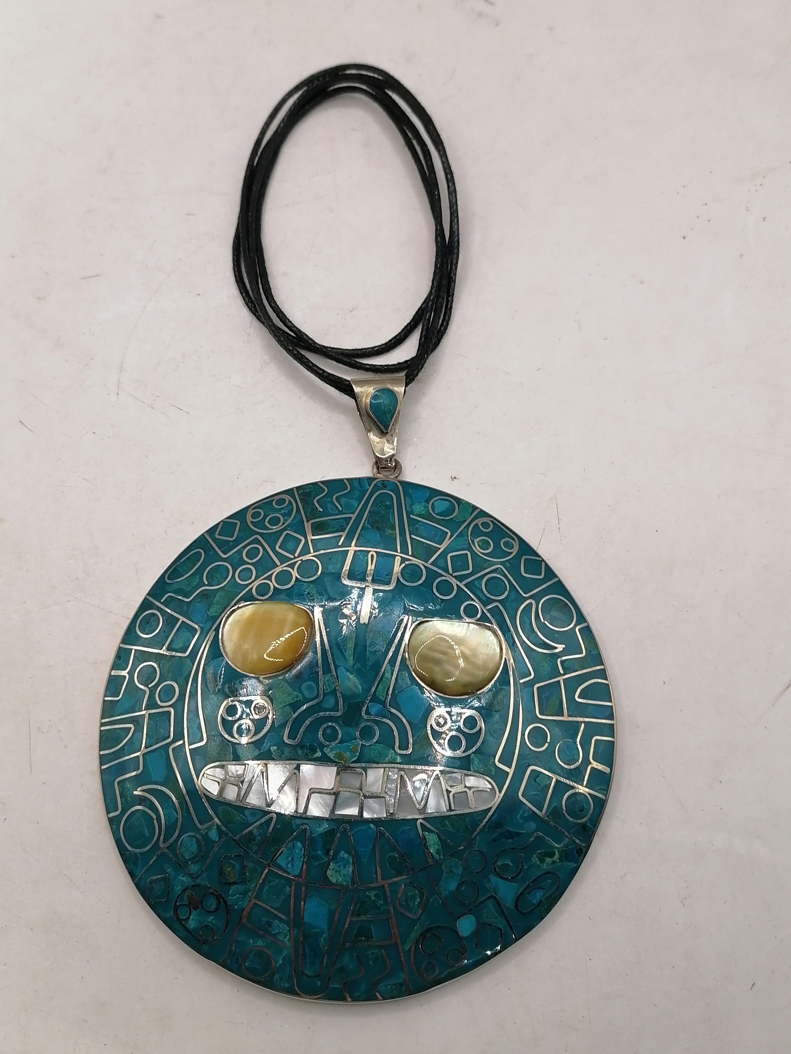 Adjustable Alpaca Necklace with Inlaid Stone and Pre-Columbian Inca Shield