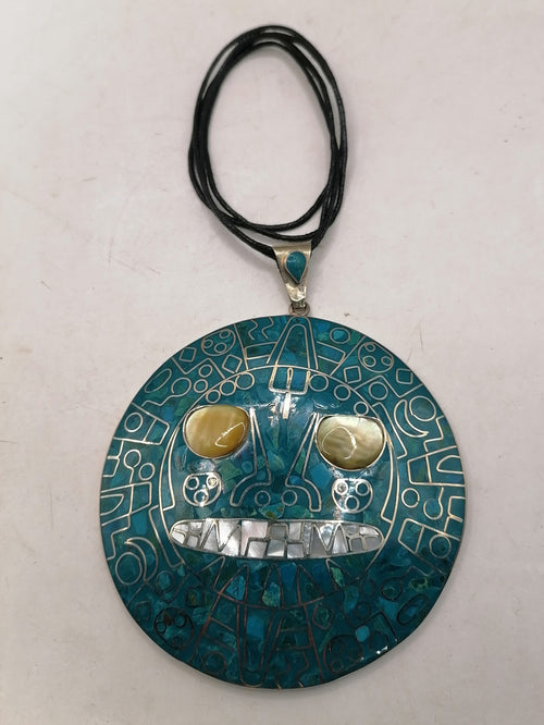 Adjustable Alpaca Necklace with Inlaid Stone and Pre-Columbian Inca Shield