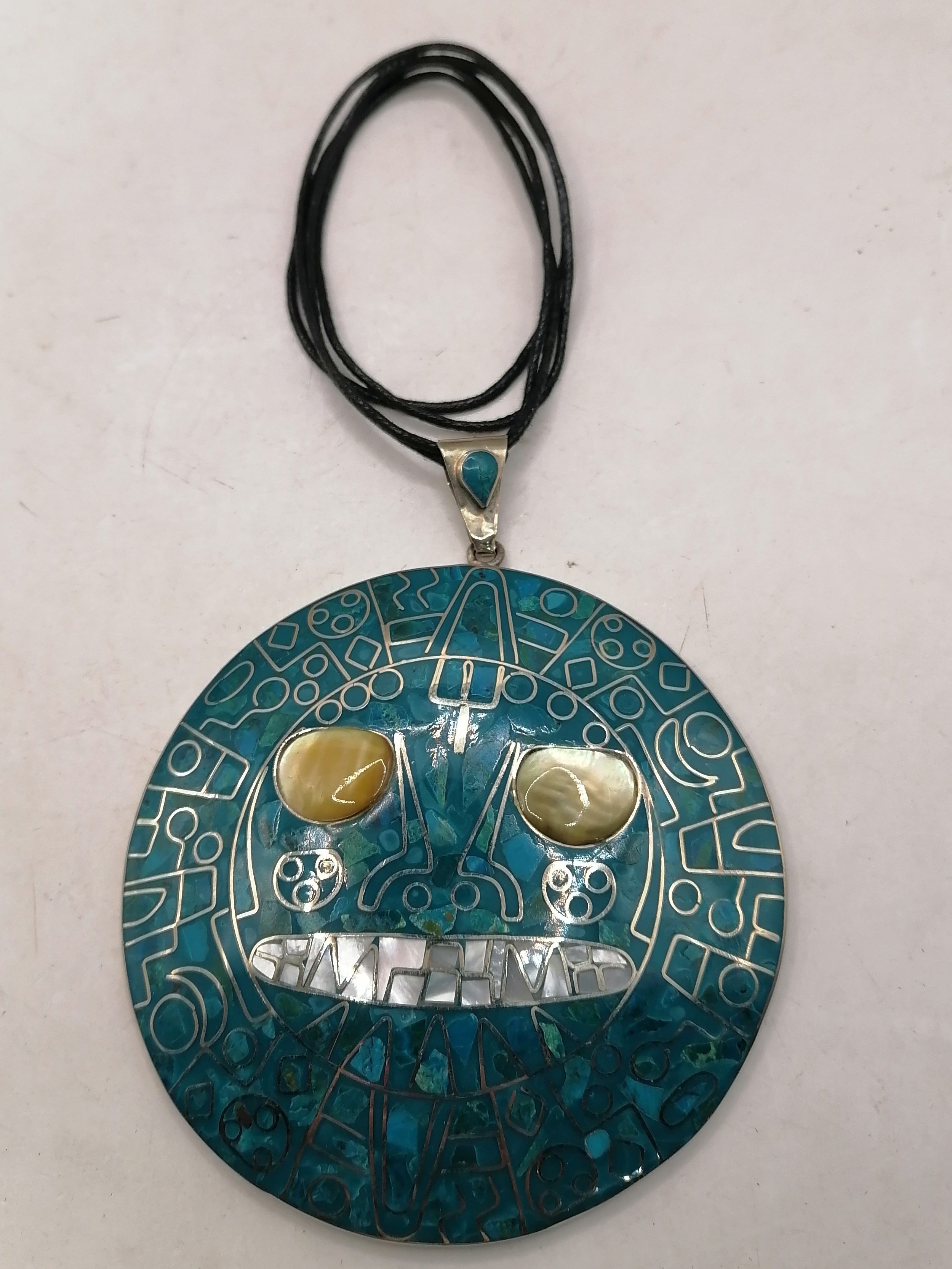Adjustable Alpaca Necklace with Inlaid Stone and Pre-Columbian Inca Shield