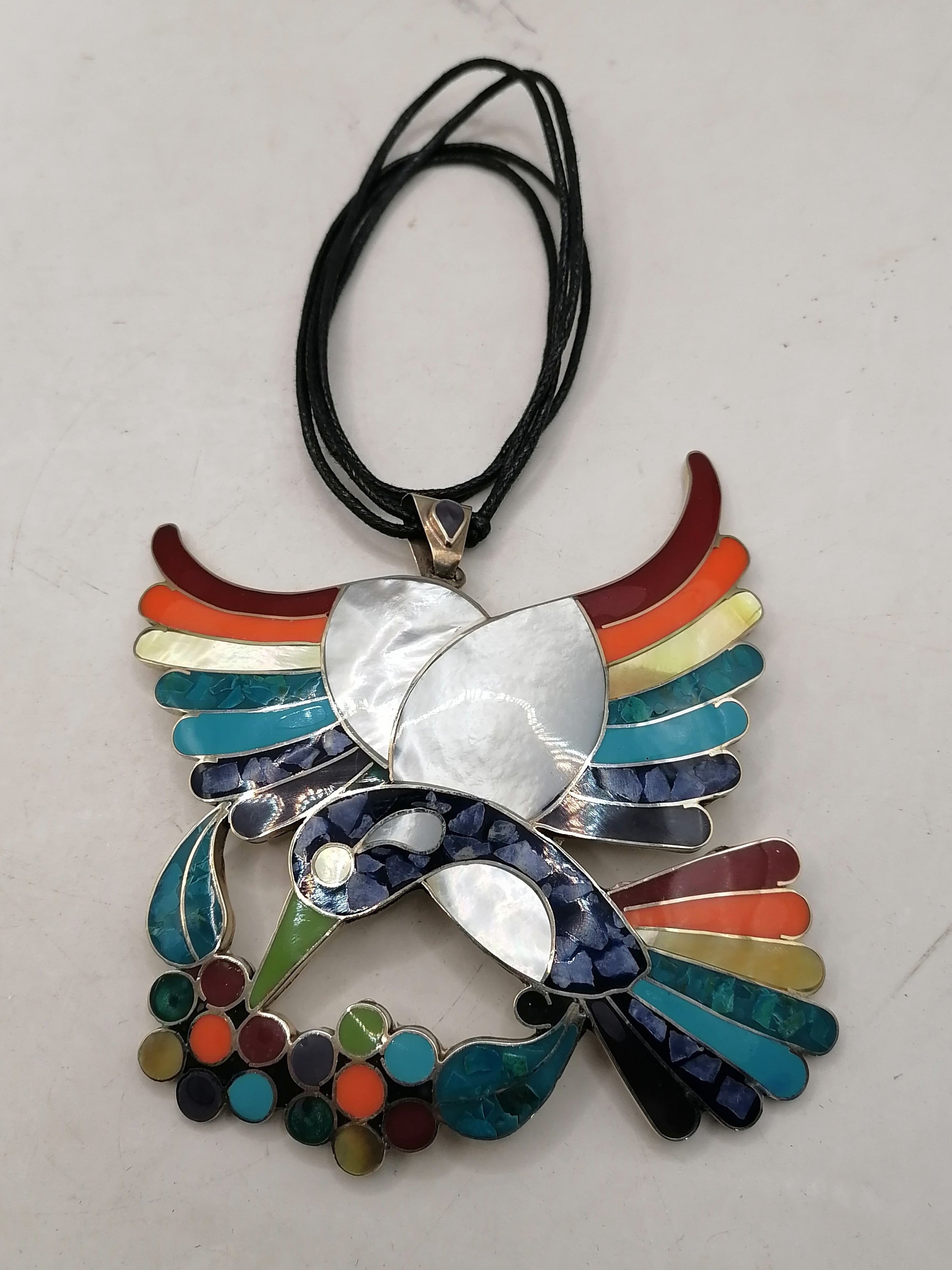 Adjustable Alpaca Necklace with Natural Stone Inlaid Spondylus Hummingbird