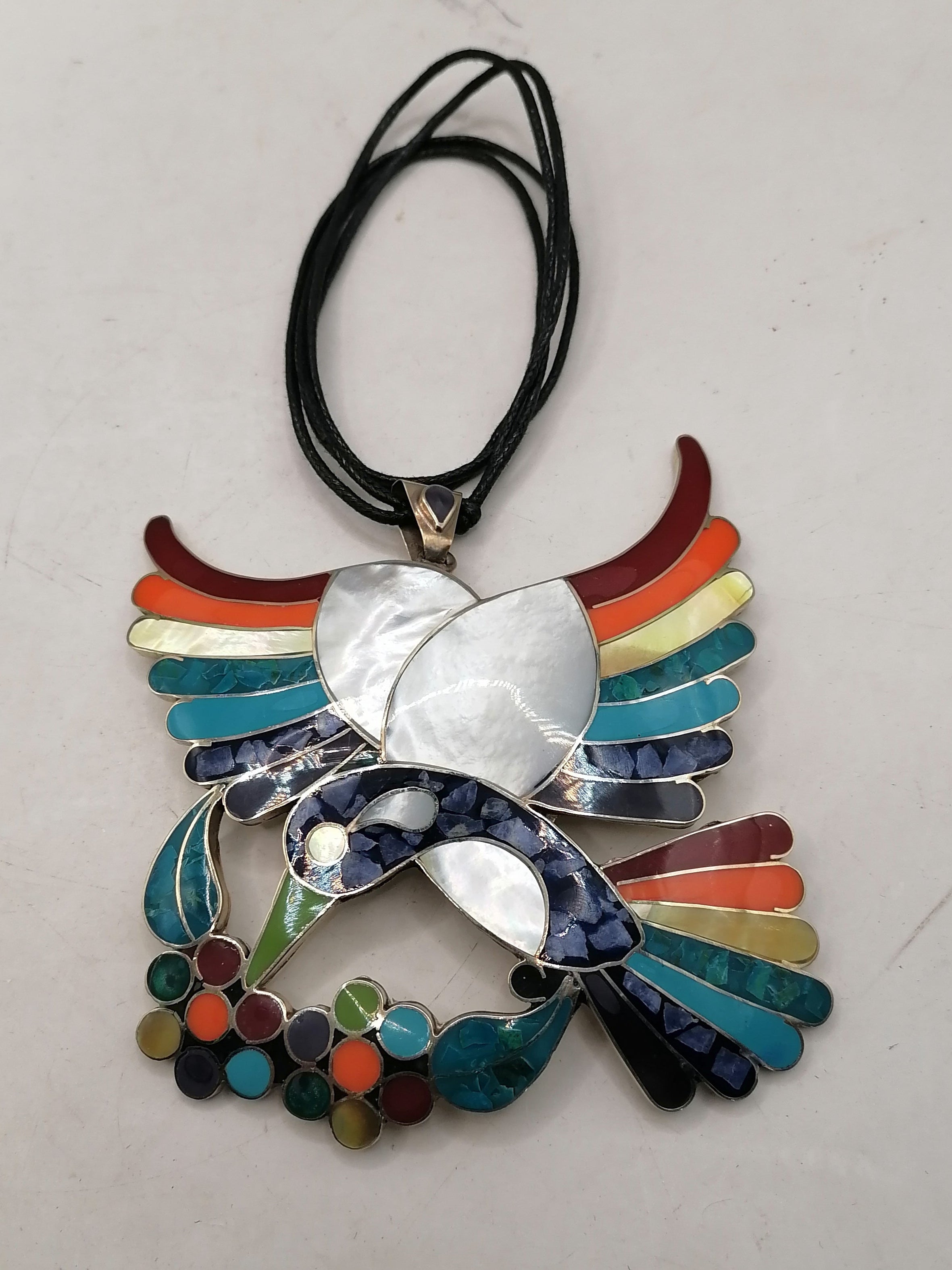 Adjustable Alpaca Necklace with Natural Stone Inlaid Spondylus Hummingbird