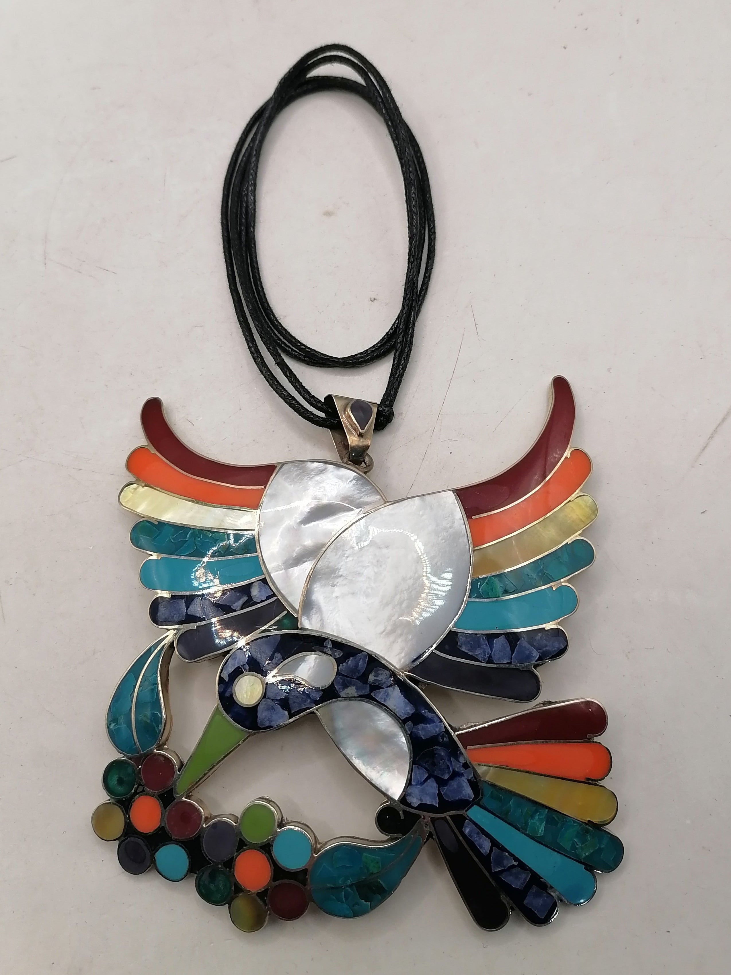 Adjustable Alpaca Necklace with Natural Stone Inlaid Spondylus Hummingbird