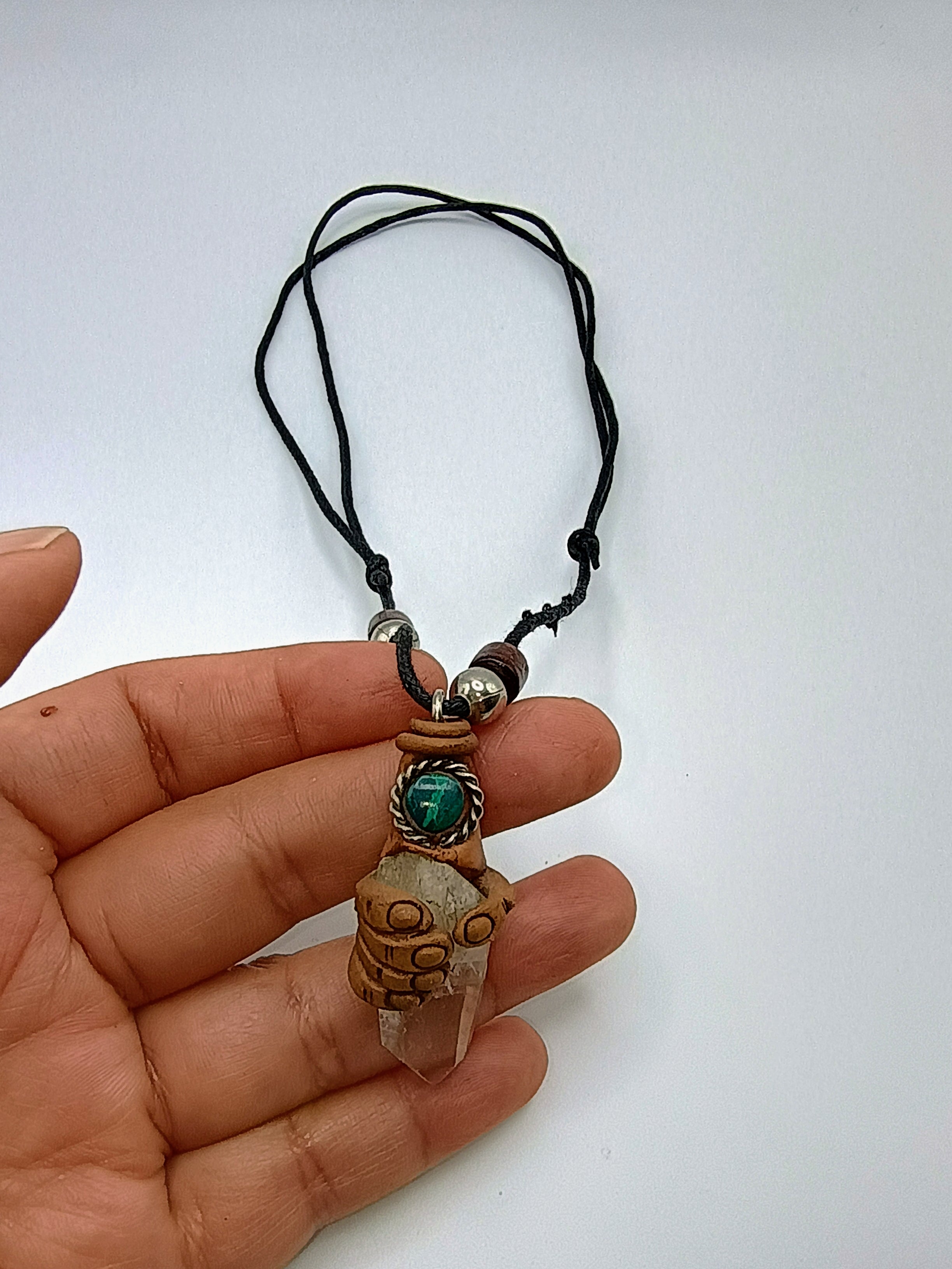 Adjustable Necklace, Hand Shaman, Natural Stone Quartz Crystal Spiritual Amulet