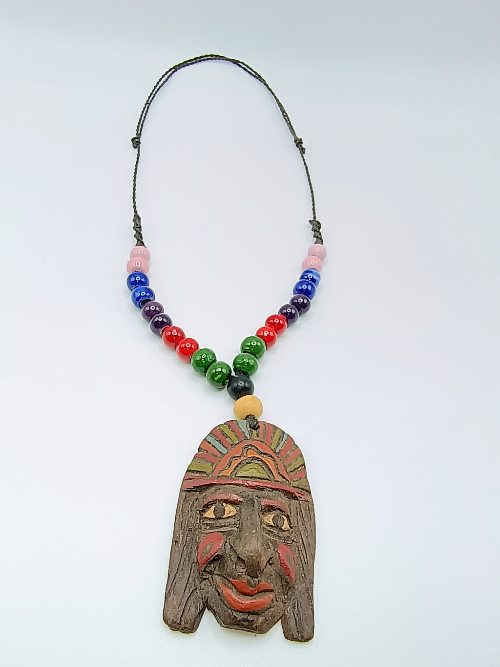 Hand-Carved Inca Face Wooden Necklace - Artisan Beaded Tribal Jewelry