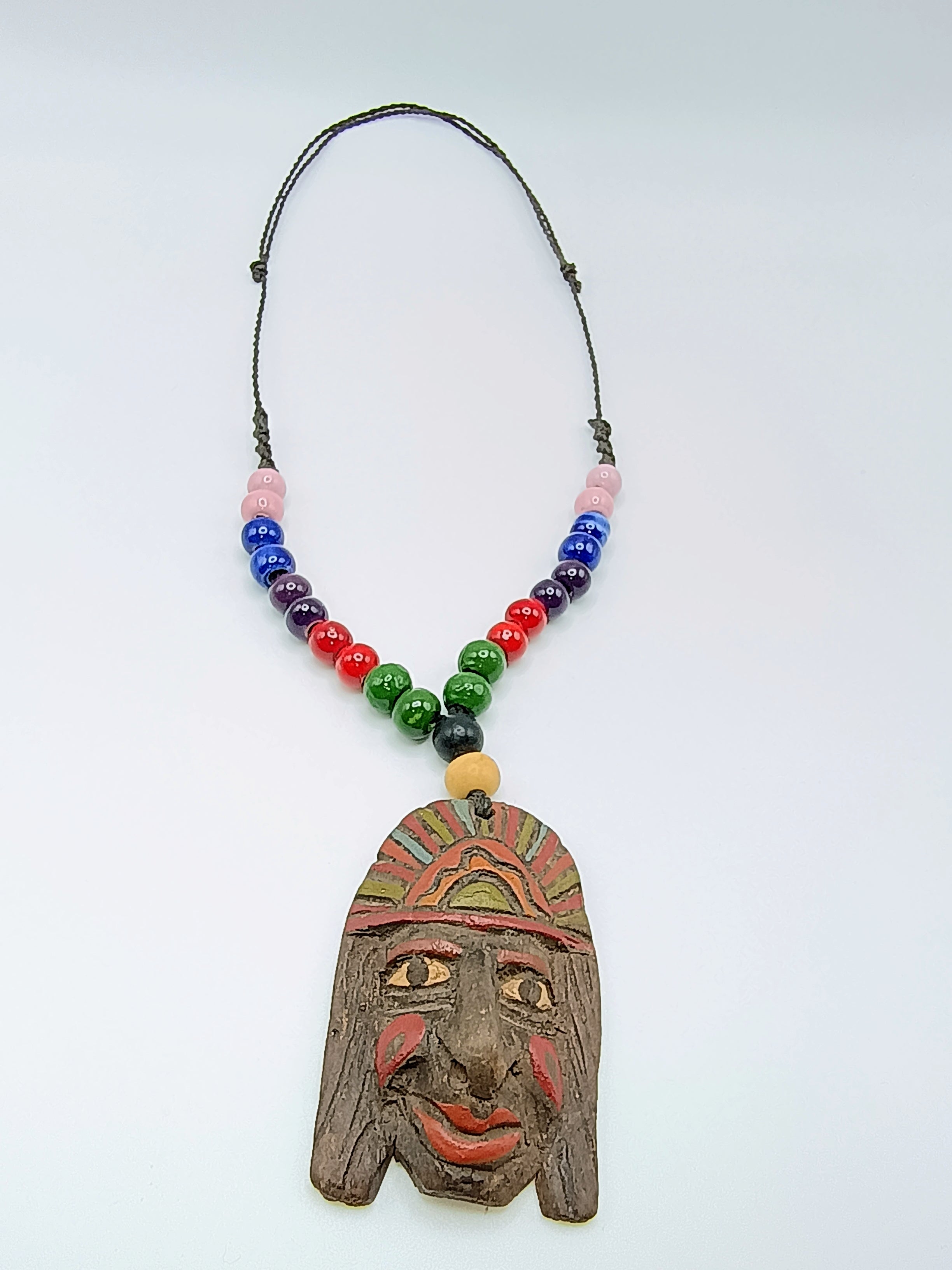 Hand-Carved Inca Face Wooden Necklace - Artisan Beaded Tribal Jewelry