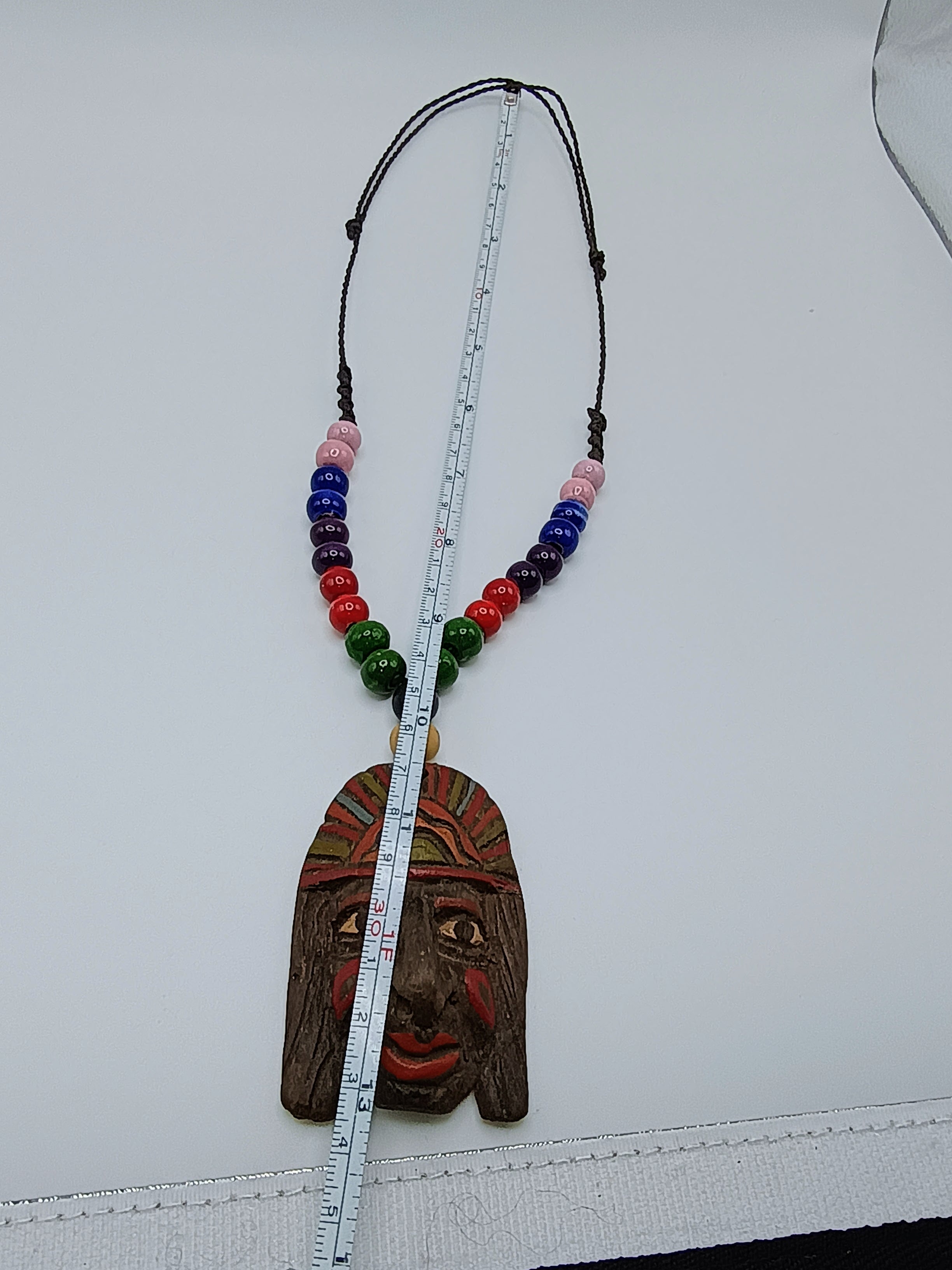 Hand-Carved Inca Face Wooden Necklace - Artisan Beaded Tribal Jewelry