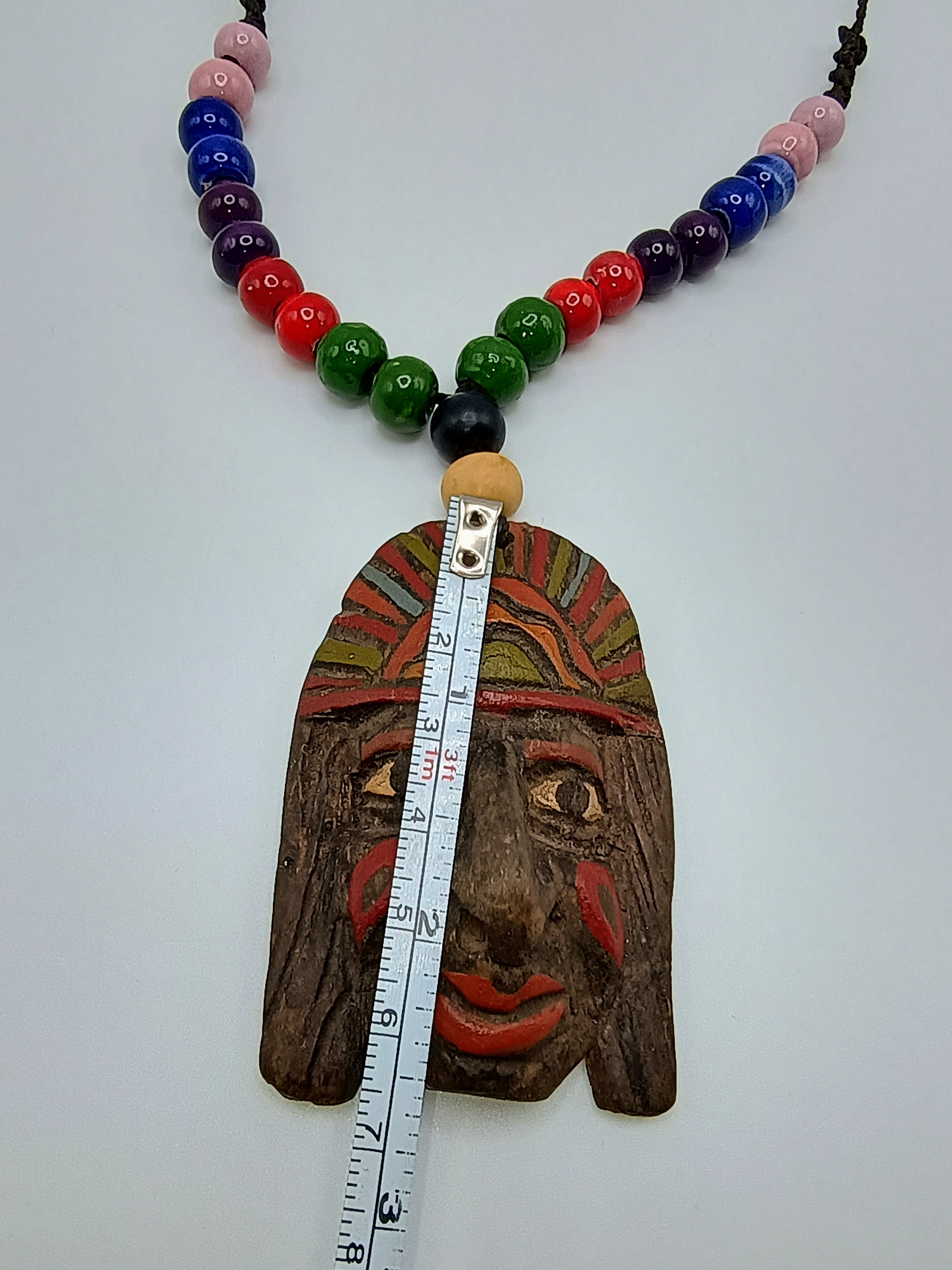 Hand-Carved Inca Face Wooden Necklace - Artisan Beaded Tribal Jewelry