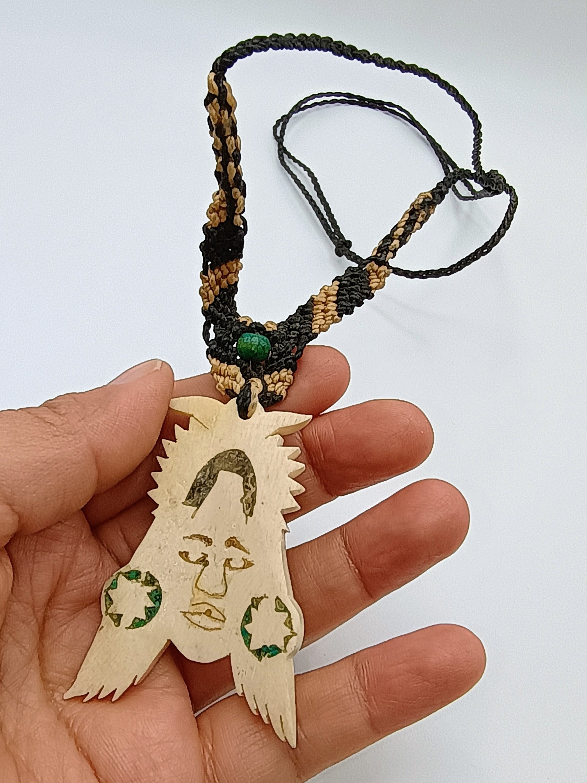 Hand-Carved Bone Necklace, Ancestral Inca Design, Handmade Macrame Cord