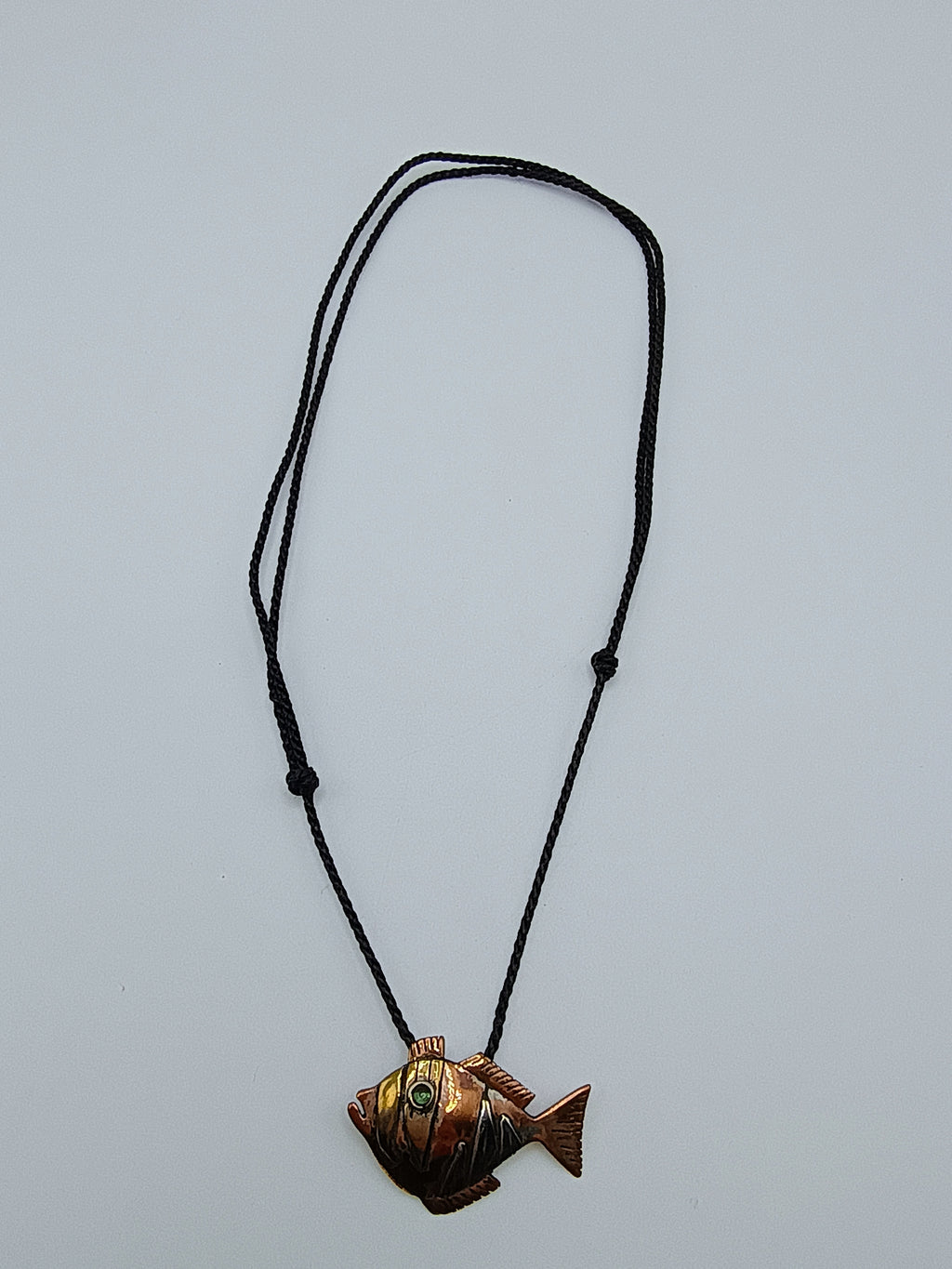 Handmade Copper Fish Necklace, Artisan Jewelry, Adjustable Macrame Cord
