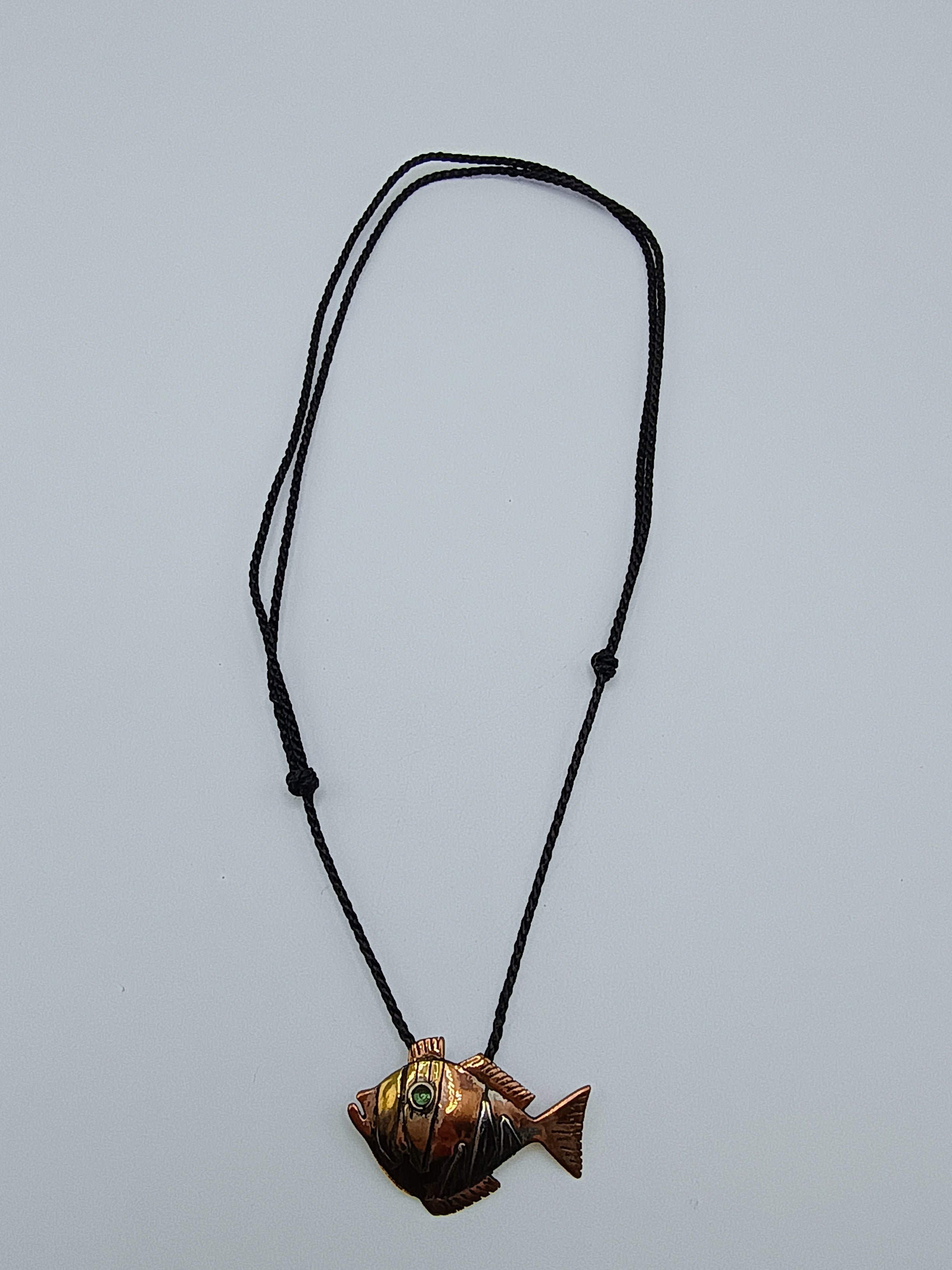 Handmade Copper Fish Necklace, Artisan Jewelry, Adjustable Macrame Cord