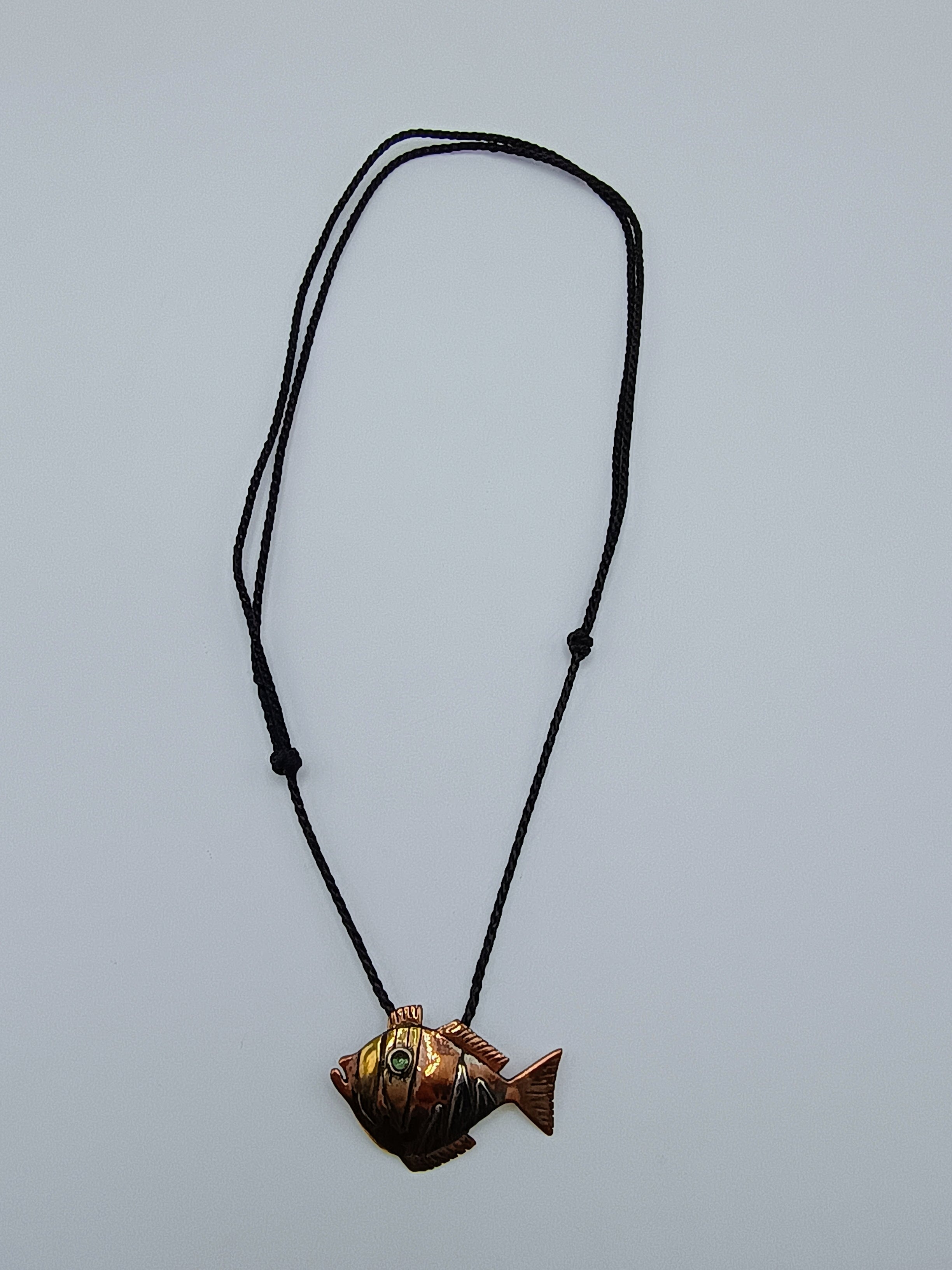 Handmade Copper Fish Necklace, Artisan Jewelry, Adjustable Macrame Cord