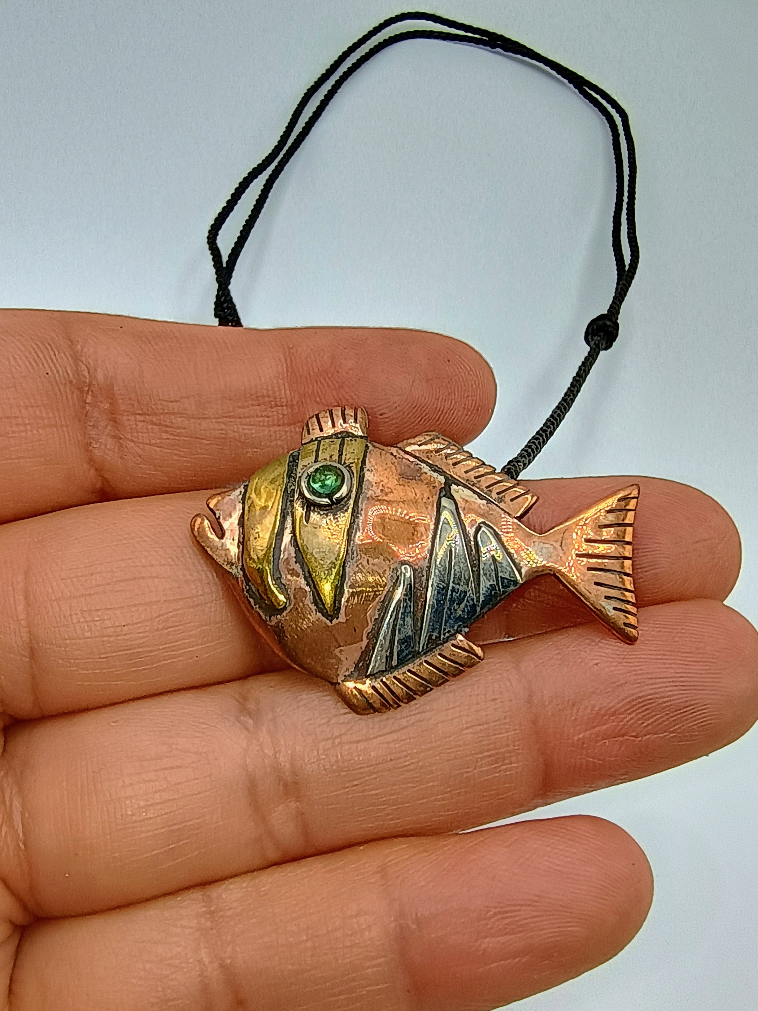 Handmade Copper Fish Necklace, Artisan Jewelry, Adjustable Macrame Cord