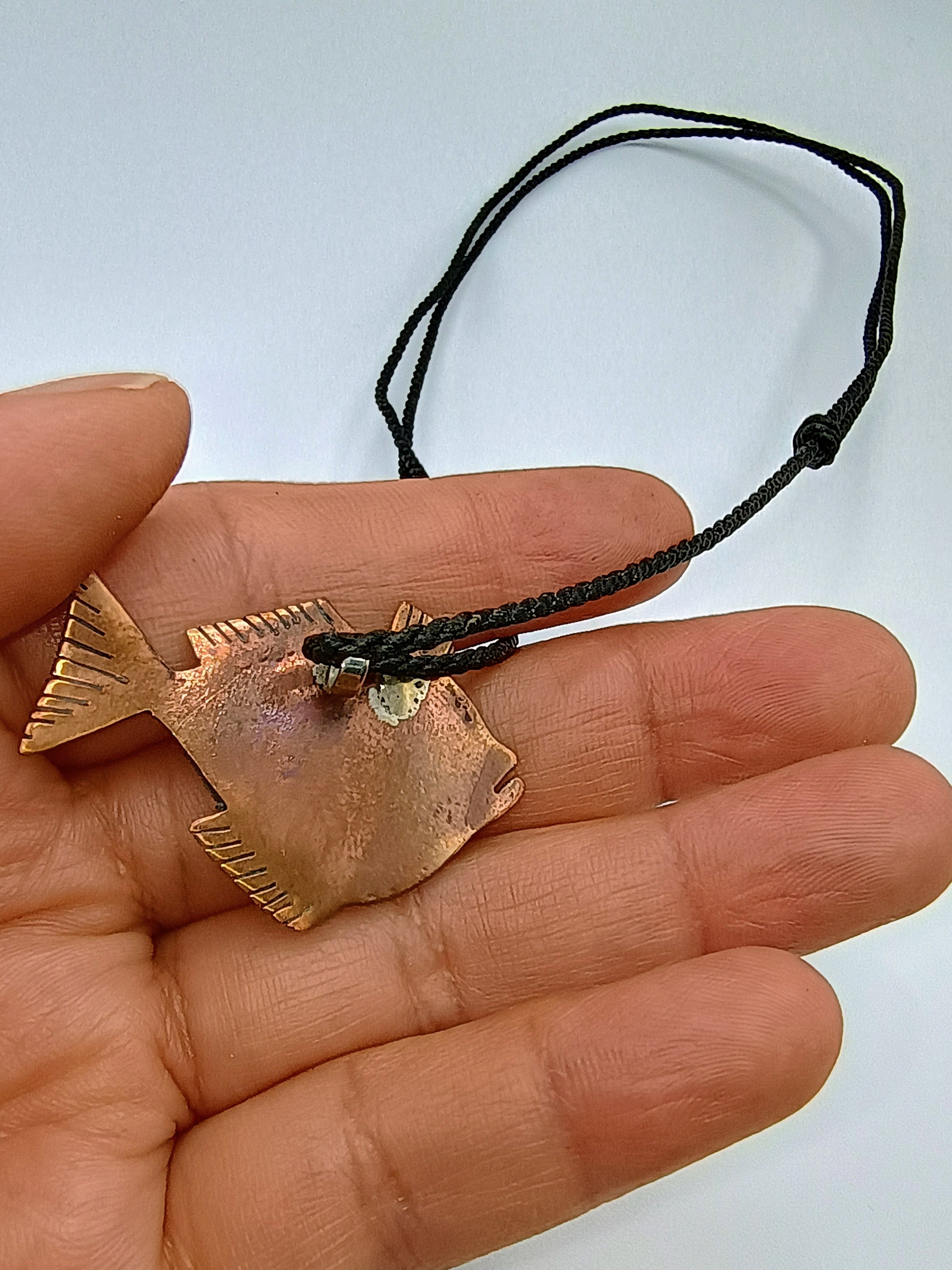 Handmade Copper Fish Necklace, Artisan Jewelry, Adjustable Macrame Cord