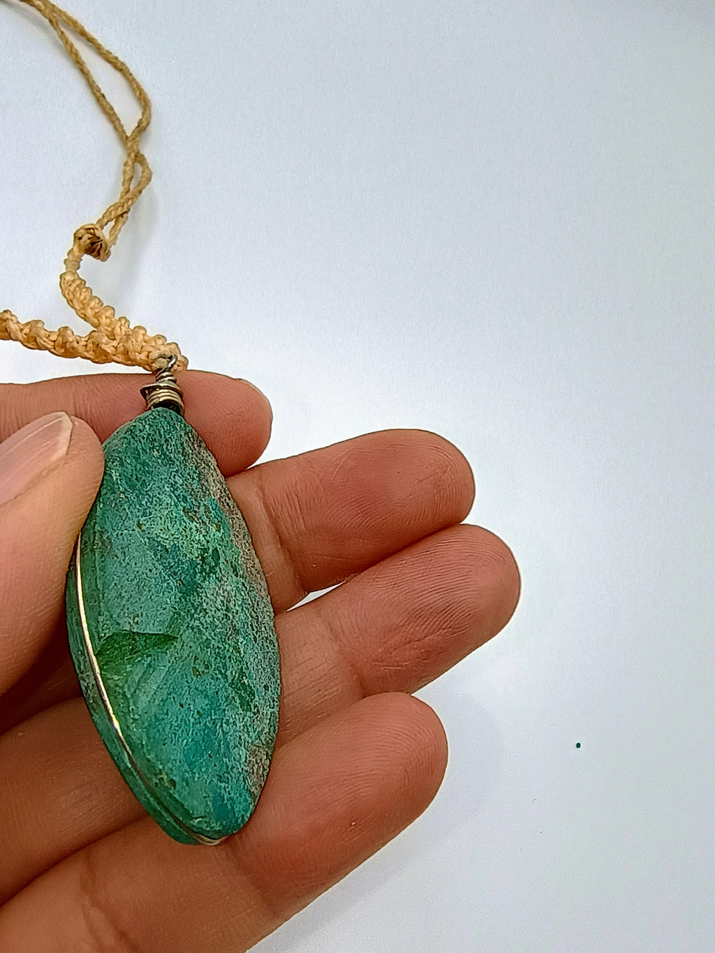Handmade Macrame Serpentine Necklace with Natural Green Stone - Unique