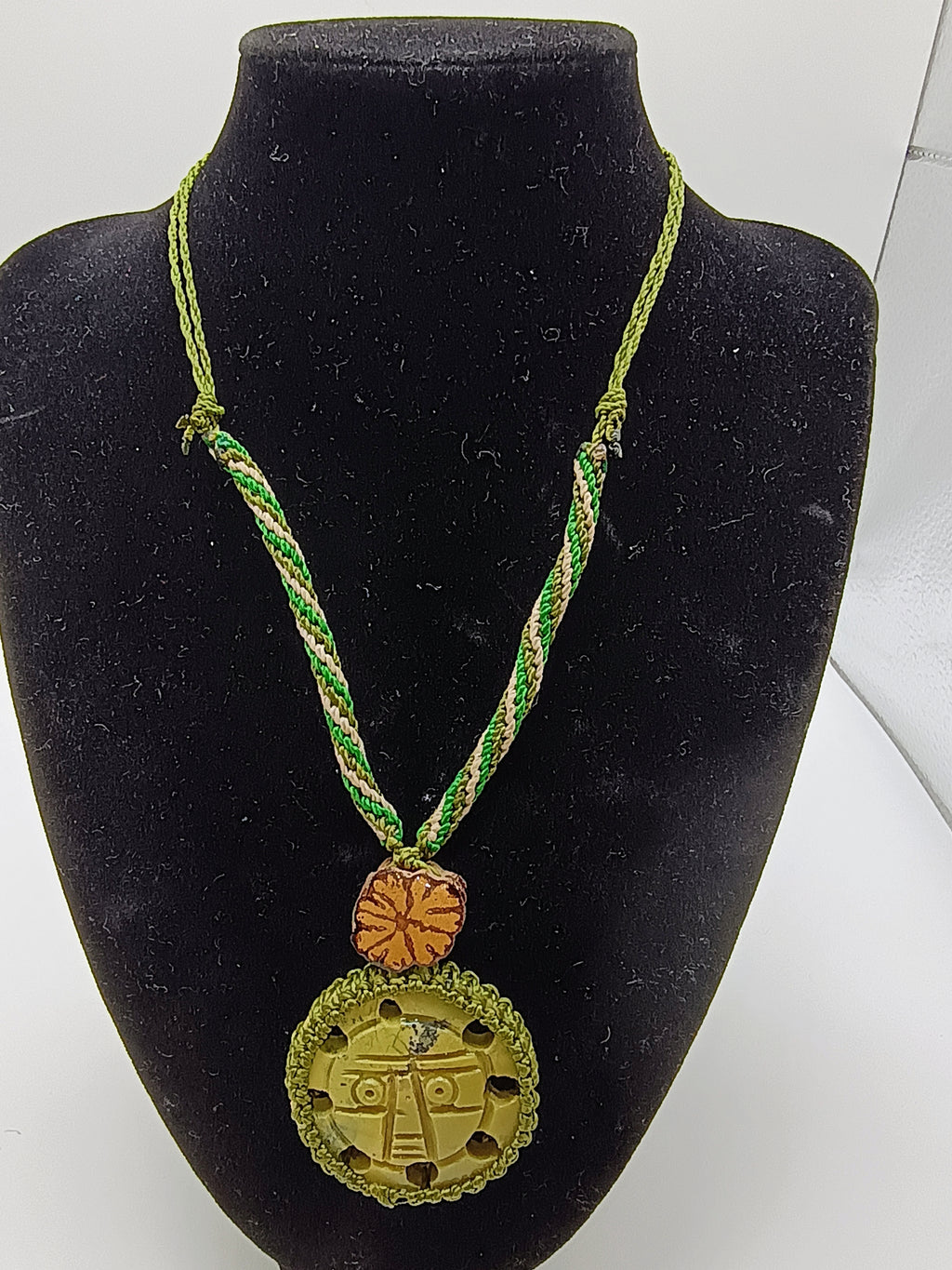 Inca Sun God Necklace Handmade Andean Serpentine Stone Macrame Amulet Spiritual Protection