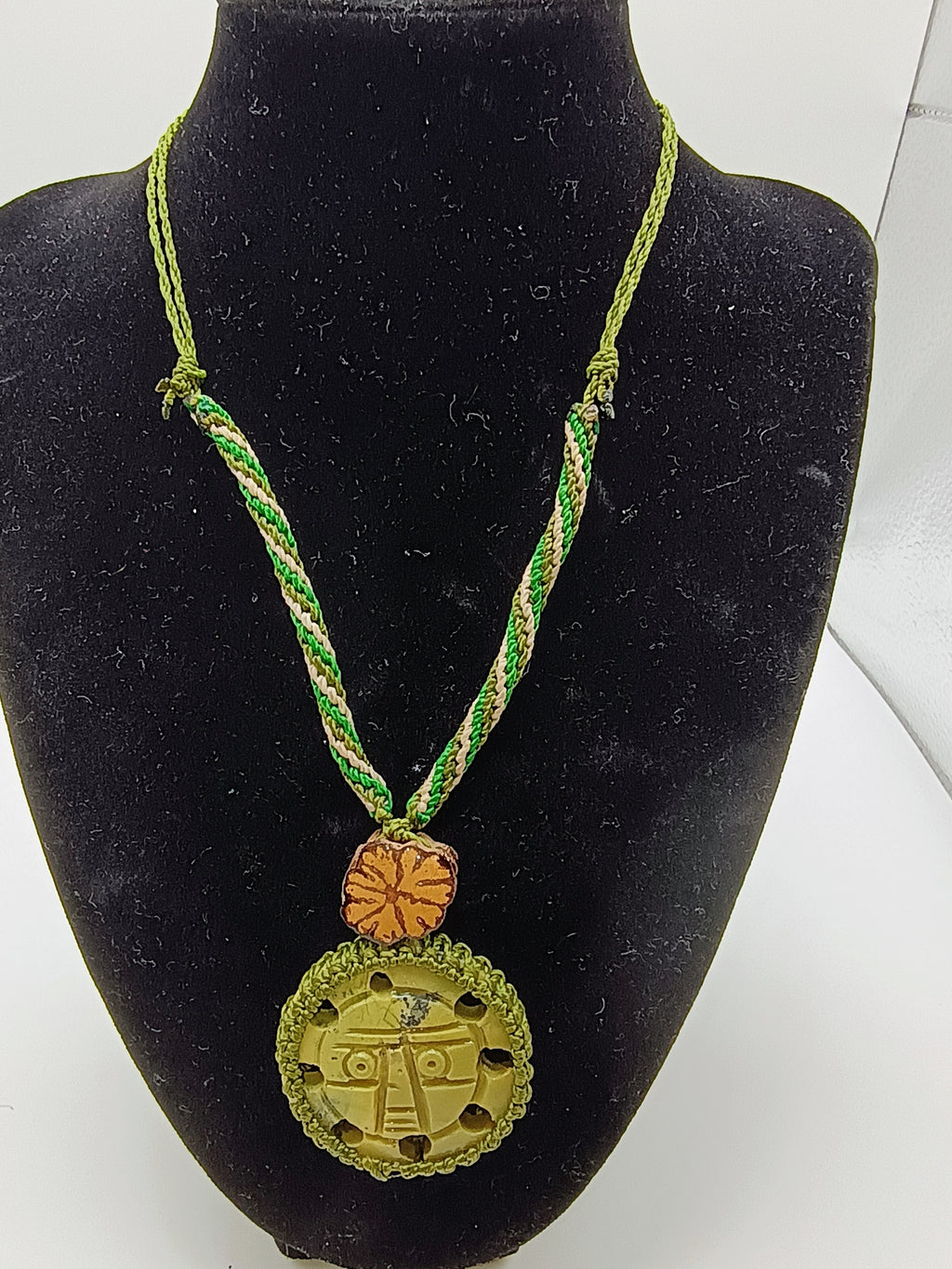 Inca Sun God Necklace Handmade Andean Serpentine Stone Macrame Amulet Spiritual Protection