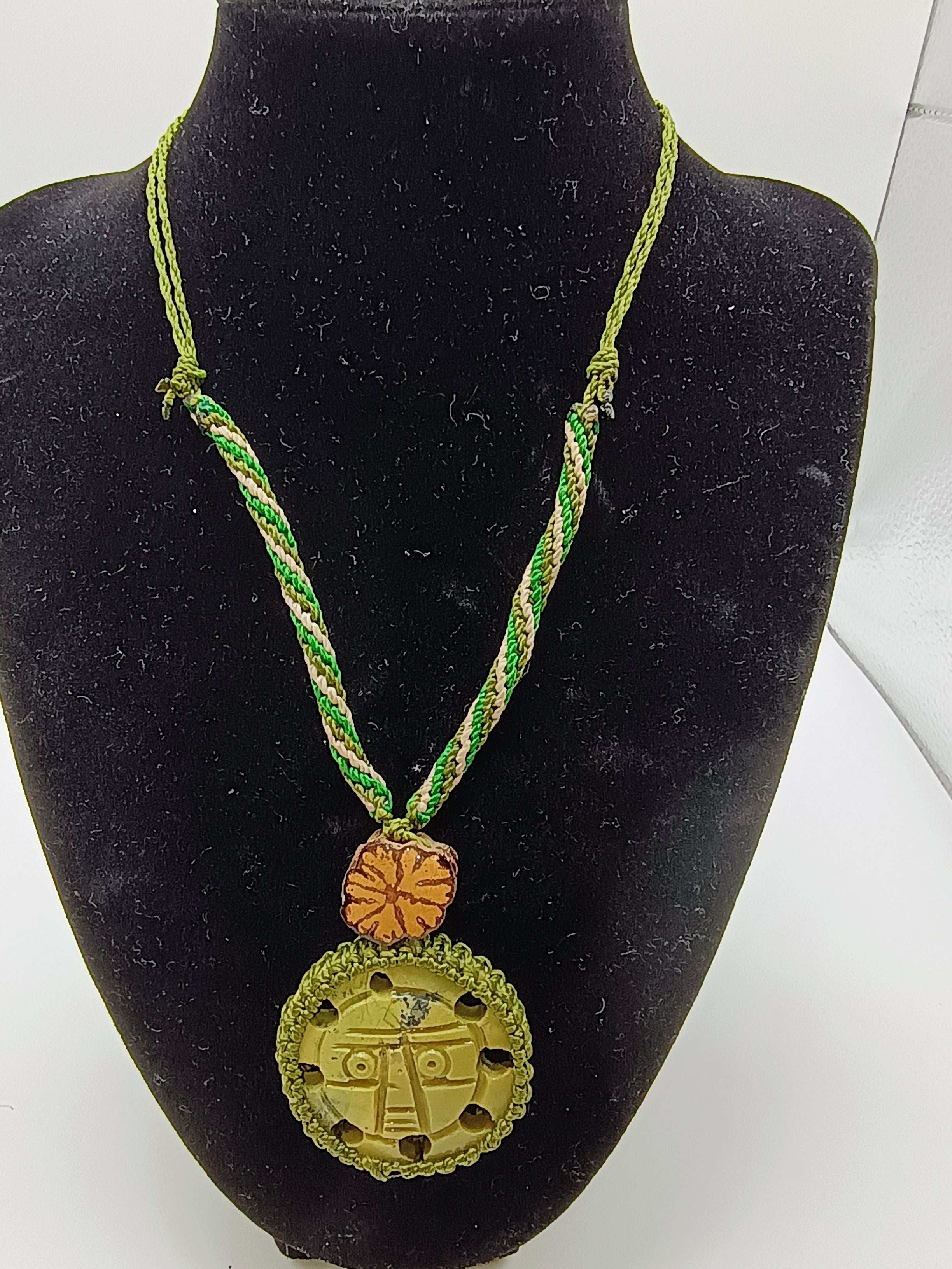 Inca Sun God Necklace Handmade Andean Serpentine Stone Macrame Amulet Spiritual Protection