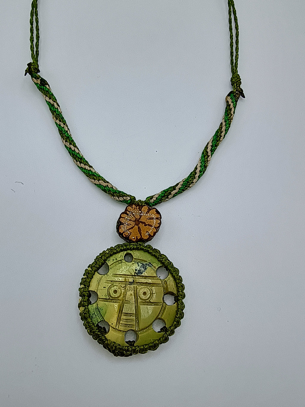 Inca Sun God Necklace Handmade Andean Serpentine Stone Macrame Amulet Spiritual Protection