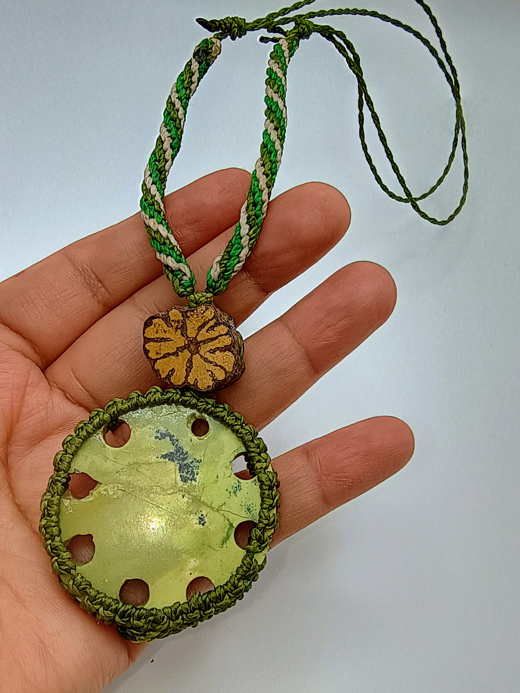 Inca Sun God Necklace Handmade Andean Serpentine Stone Macrame Amulet Spiritual Protection