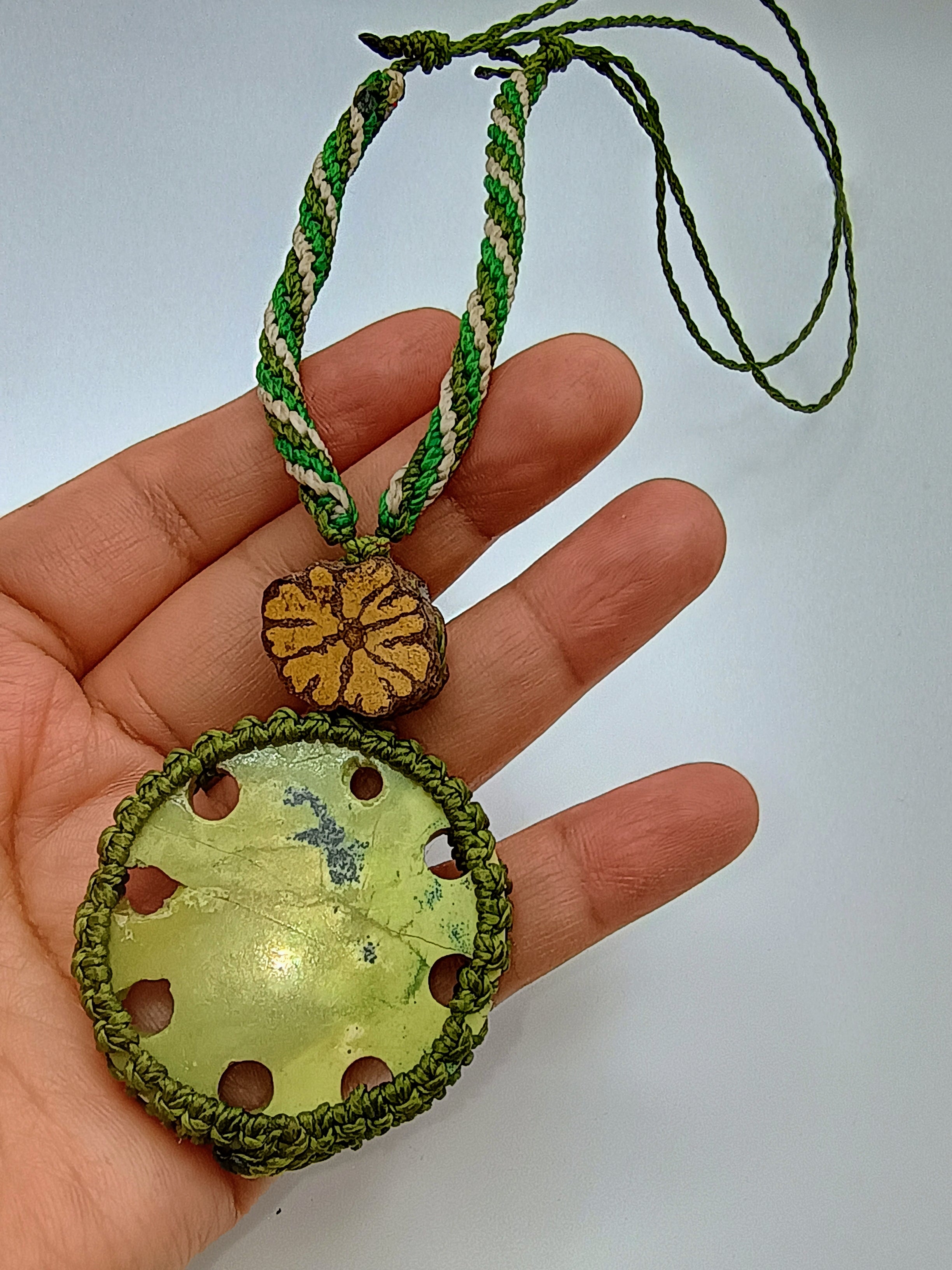 Inca Sun God Necklace Handmade Andean Serpentine Stone Macrame Amulet Spiritual Protection
