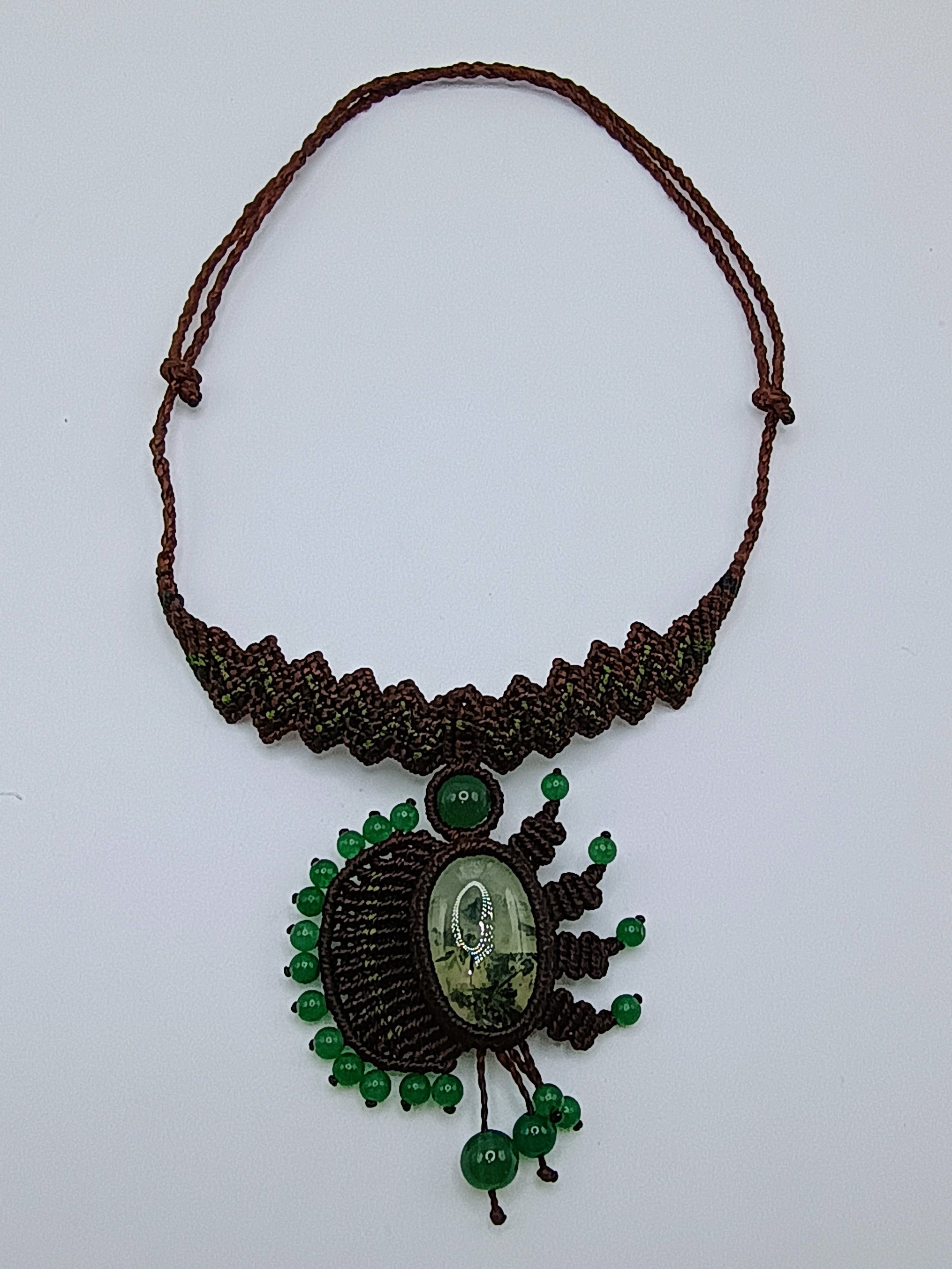 Handwoven Macrame Necklace with Natural Green Stones - Peruvian Craftsmanship