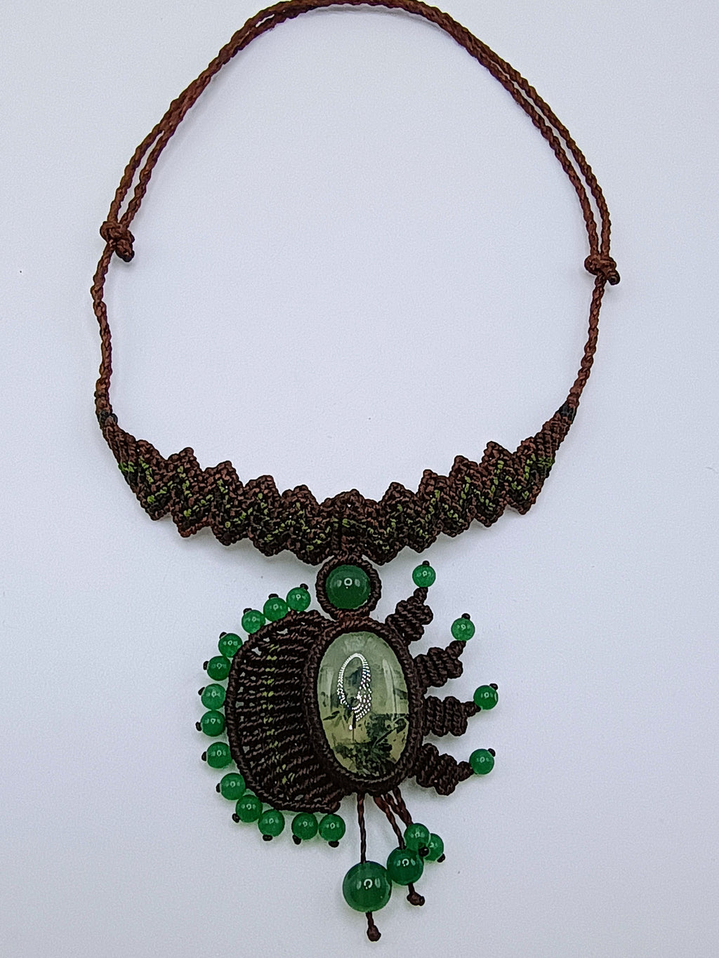 Handwoven Macrame Necklace with Natural Green Stones - Peruvian Craftsmanship
