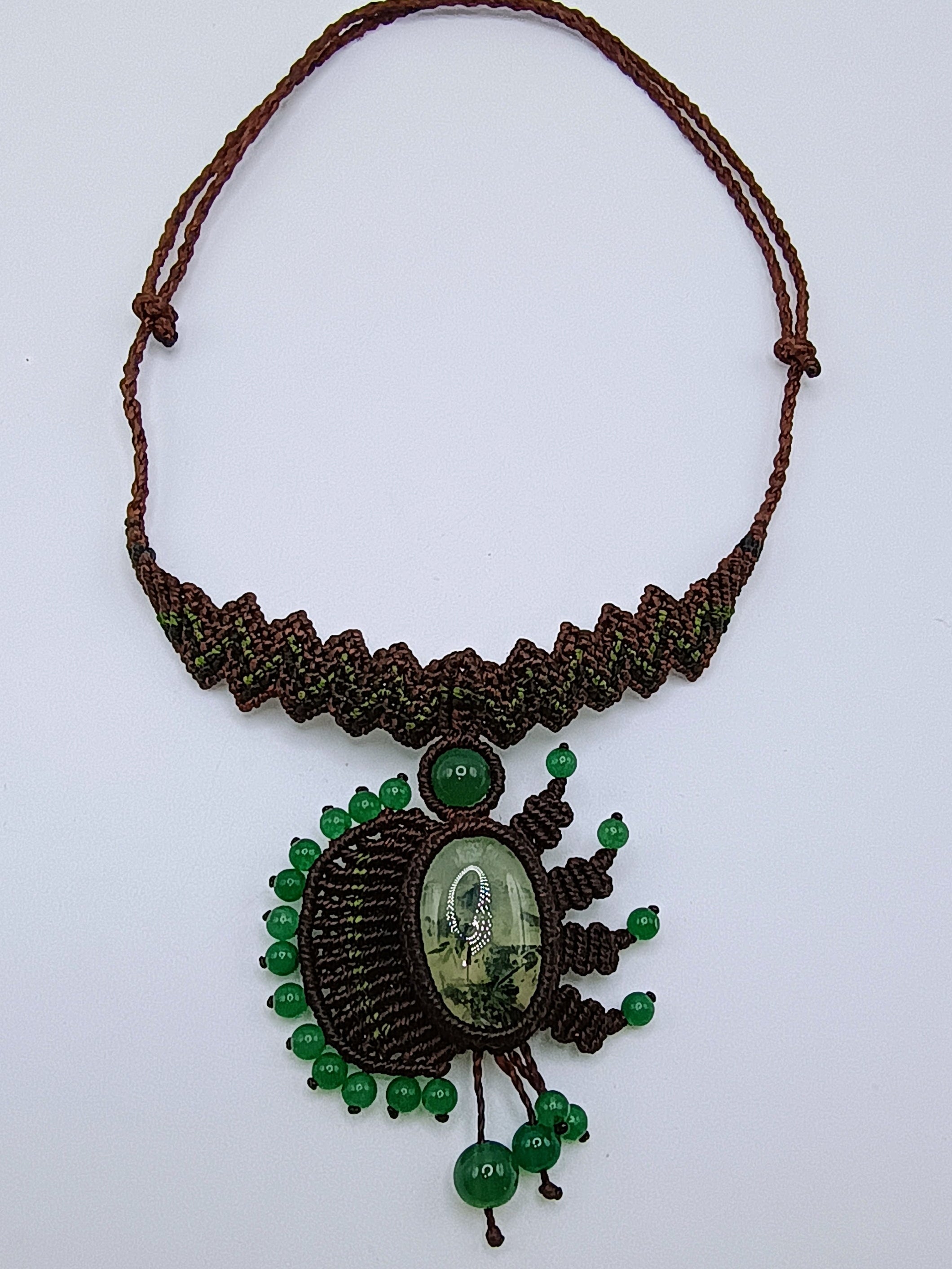 Handwoven Macrame Necklace with Natural Green Stones - Peruvian Craftsmanship