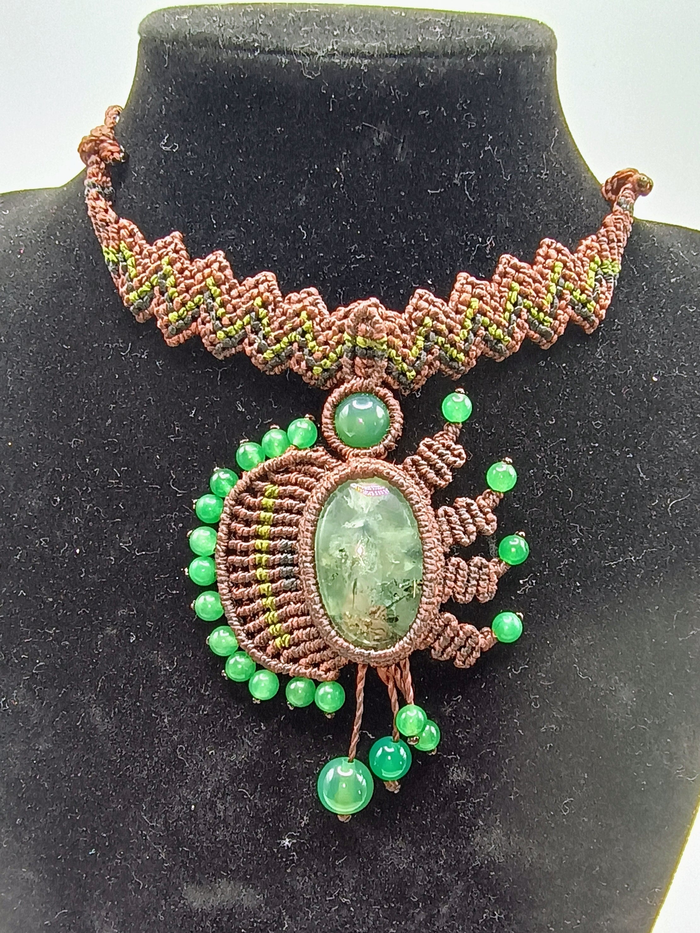 Handwoven Macrame Necklace with Natural Green Stones - Peruvian Craftsmanship