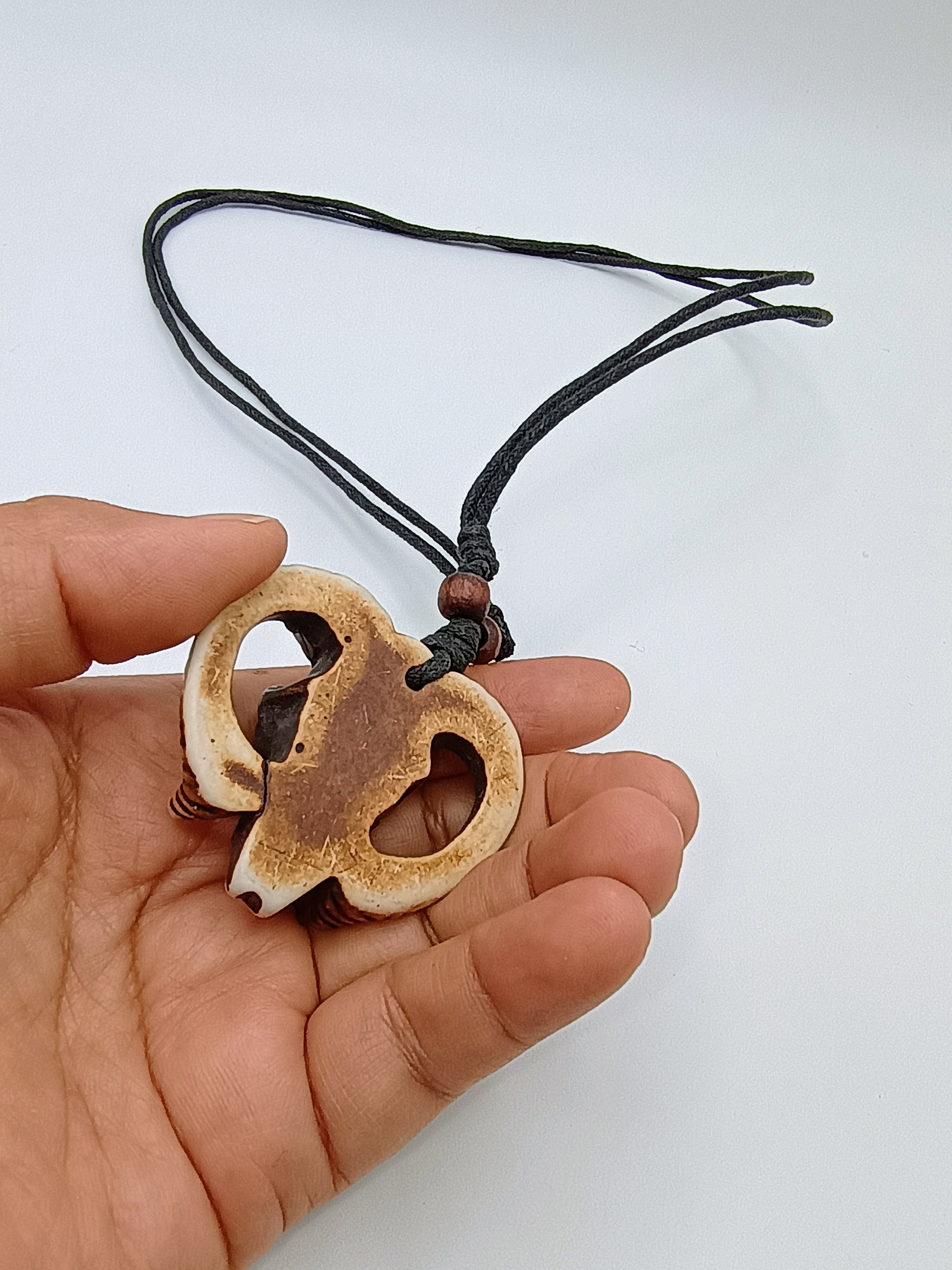 Handmade Ceramic Goat Skull Pendant Macrame Necklace Peruvian Craft