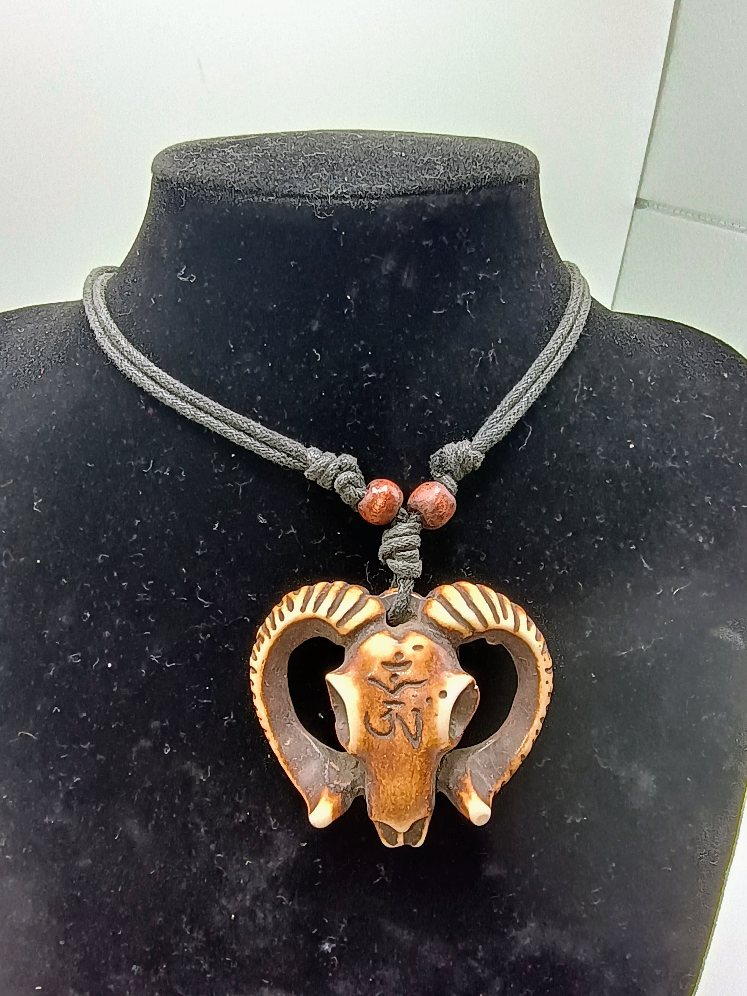 Handmade Ceramic Goat Skull Pendant Macrame Necklace Peruvian Craft