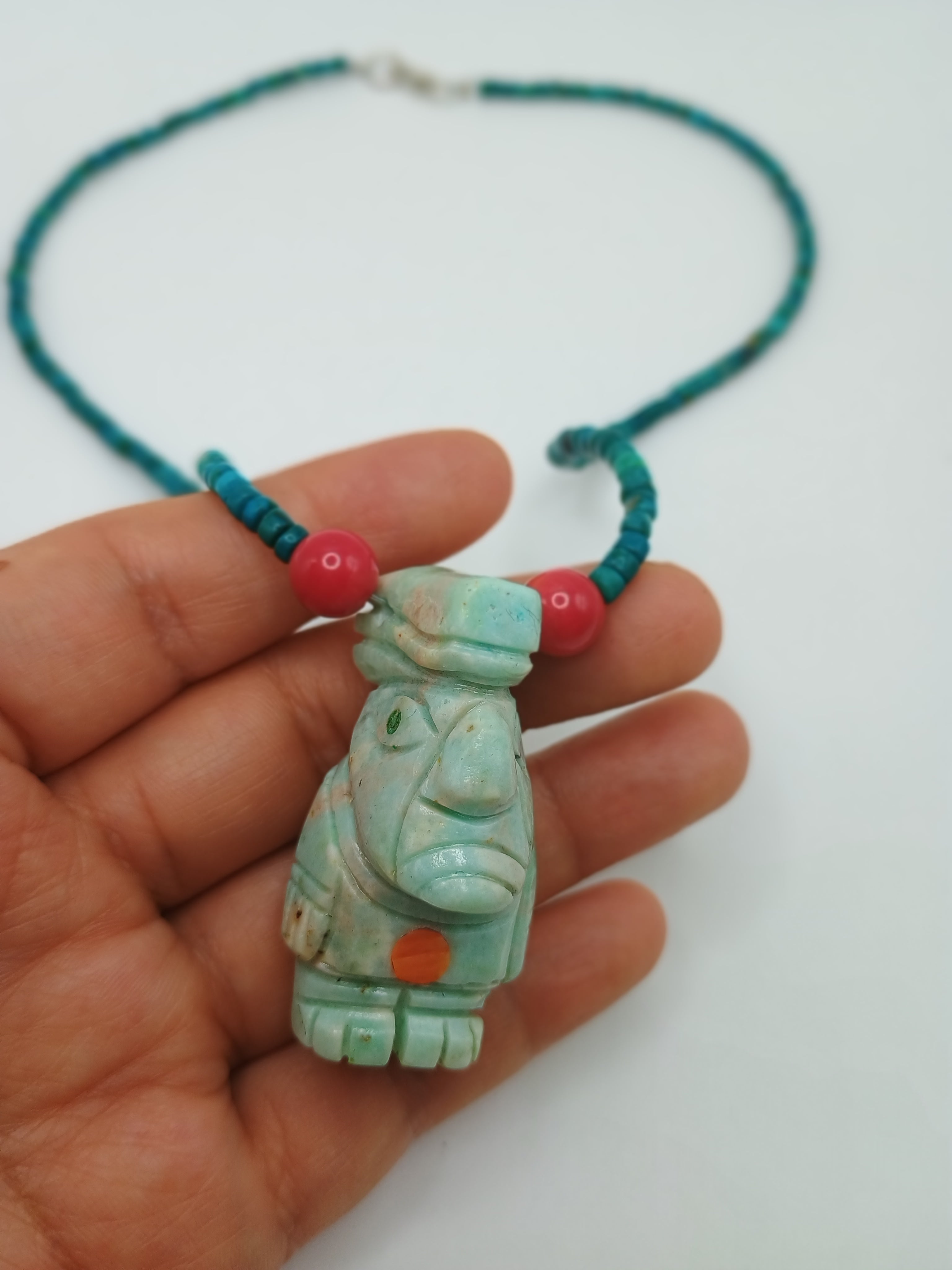 Hand-carved Ancestral Idol Necklace with Natural Stone Beads and Pre-Incan Culture