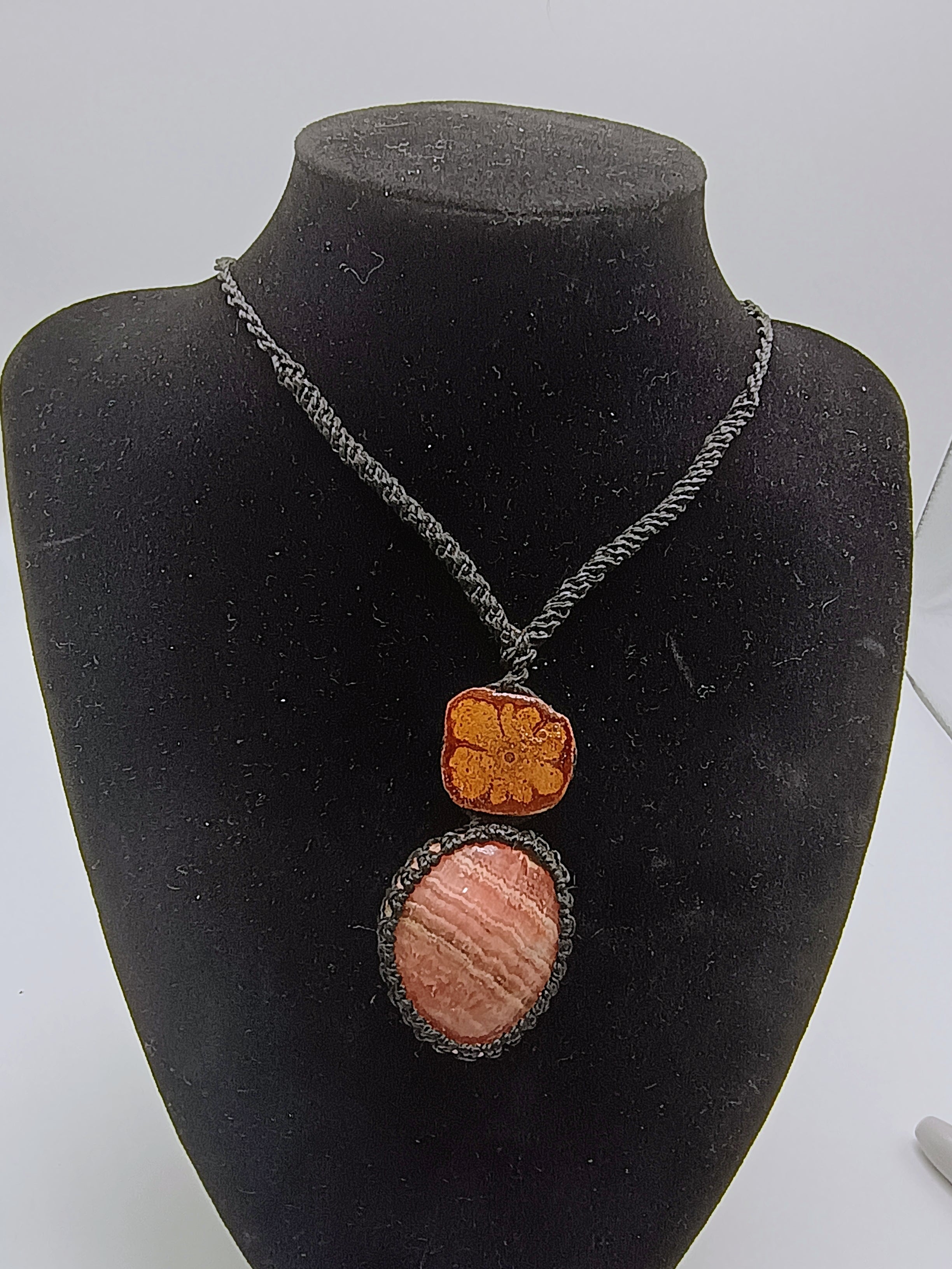 Handmade Natural Stone Necklace, Ayahuasca Flower, Adjustable Macrame Cord